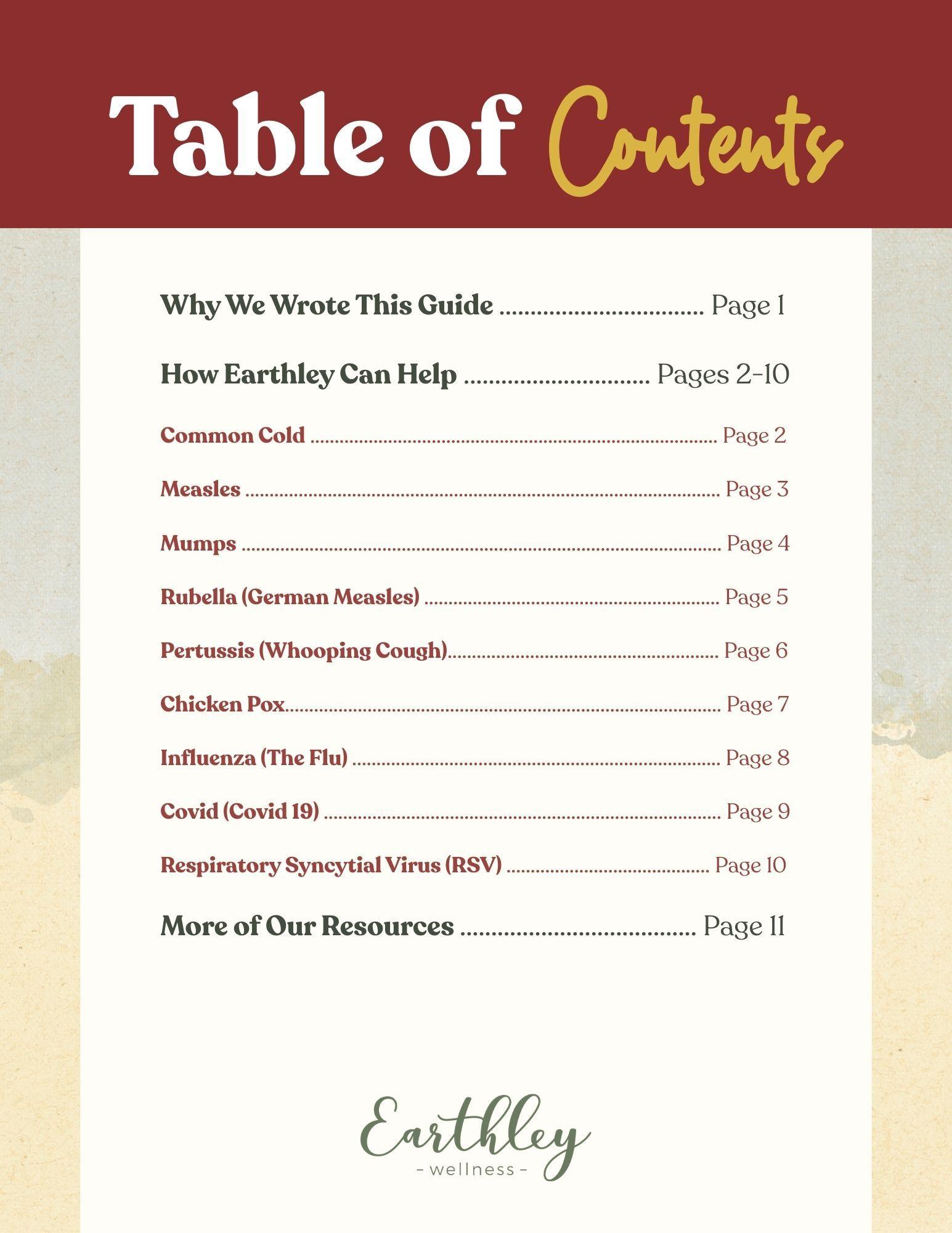 Natural Family Immune Defense Table of Contents page listing 11 sections: Why We Wrote This Guide, How Earthley Can Help pages 2-10 covering Common Cold, Measles, Mumps, Rubella, Pertussis, Chicken Pox, Influenza, Covid, RSV, and More Resources