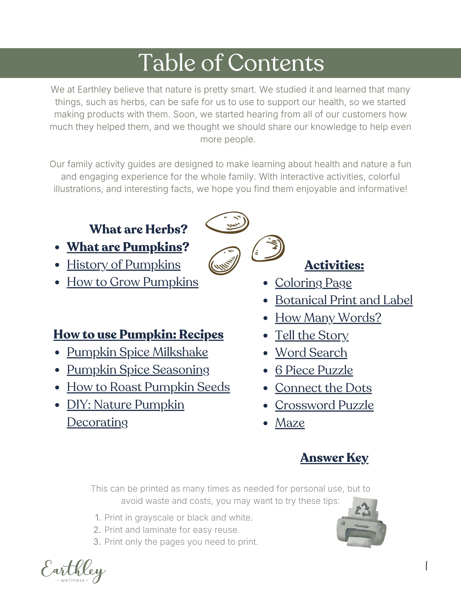 Earthley Table of Contents page for Pumpkin Family Guide with sage green olive header and pumpkin illustrations showing recipes and activities