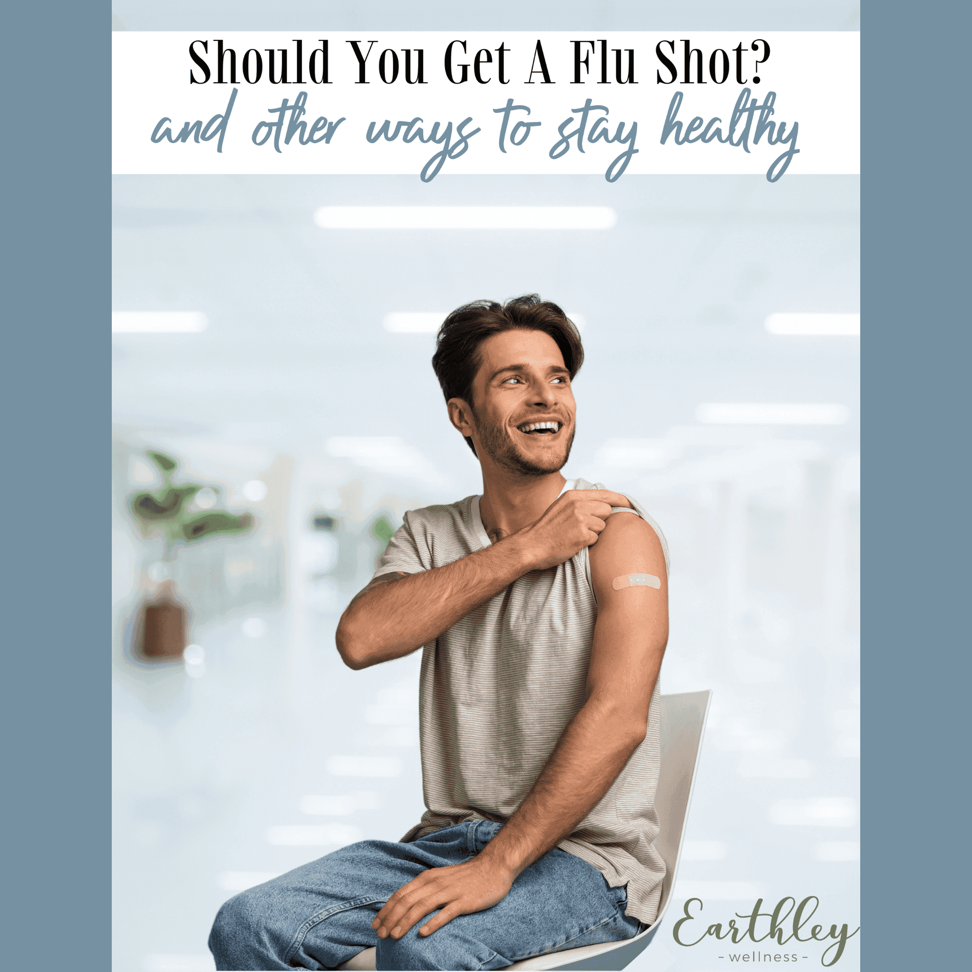 Flu Shot Alternatives blog header showing syringe with vaccine vial and natural remedy alternatives including amber tincture bottles and herbs