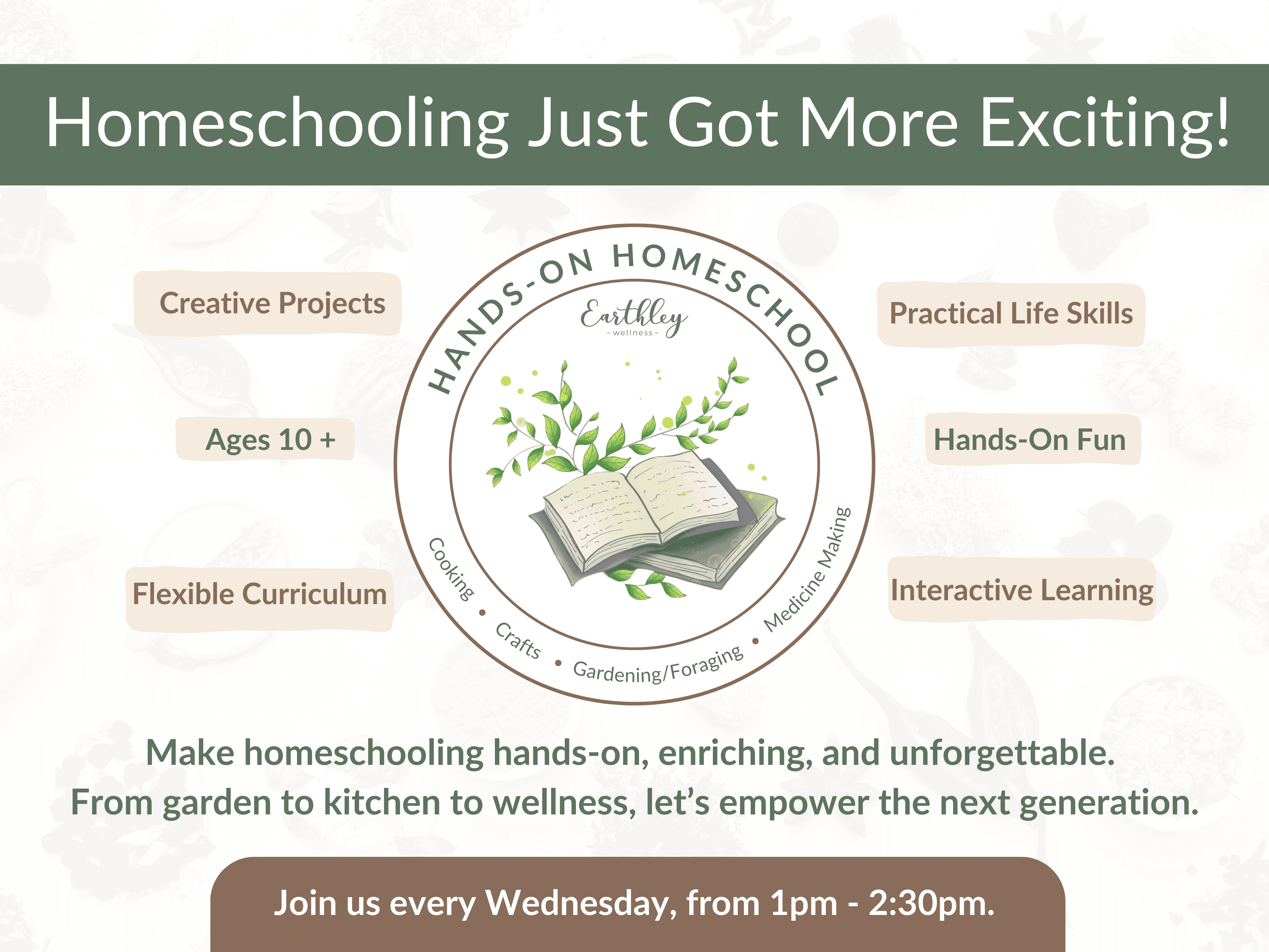 Homeschooling Just Got More Exciting banner with brown Hands-On Homeschool logo showing green plant and book, featuring olive green category buttons for Creative Projects Practical Life Skills on tan background