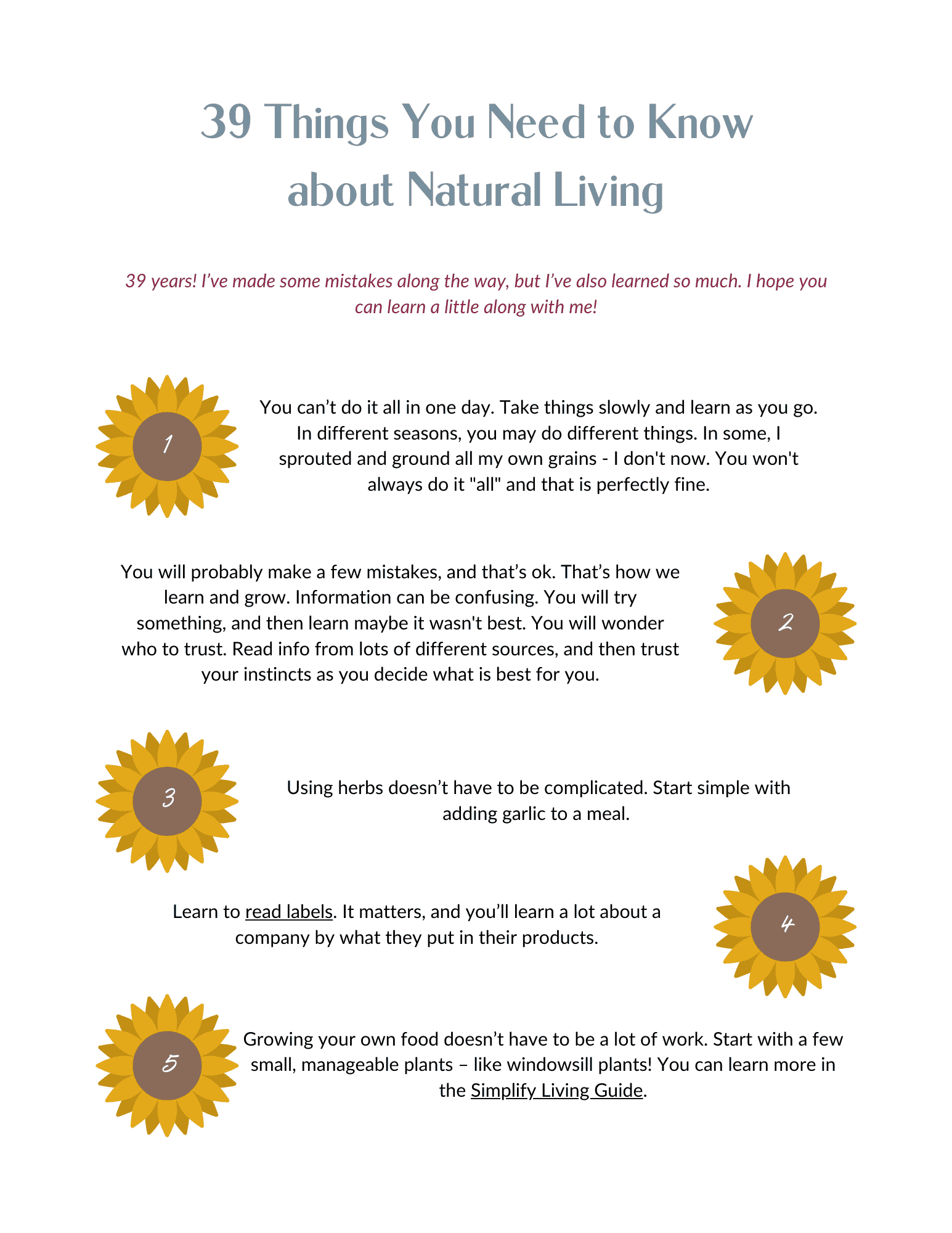 39 Things You Need to Know about Natural Living guide page one with yellow sunflower graphics numbered tips 1 through 5 covering taking things slowly making mistakes learning herbs reading labels and growing food on white background