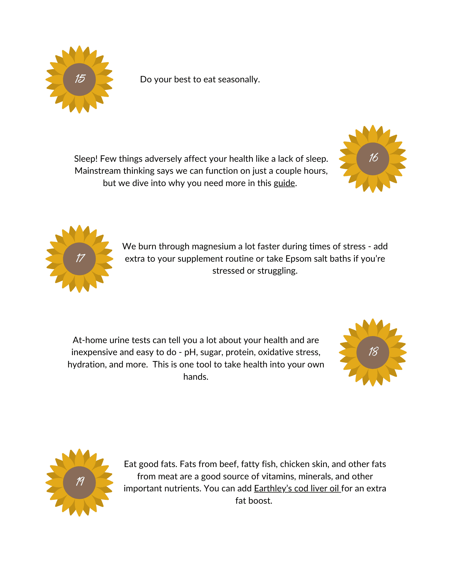 39 Things You Need to Know about Natural Living guide page with yellow sunflower graphics numbered tips 15 through 19 covering eating seasonally sleep importance magnesium supplementation urine testing and eating good fats on white background