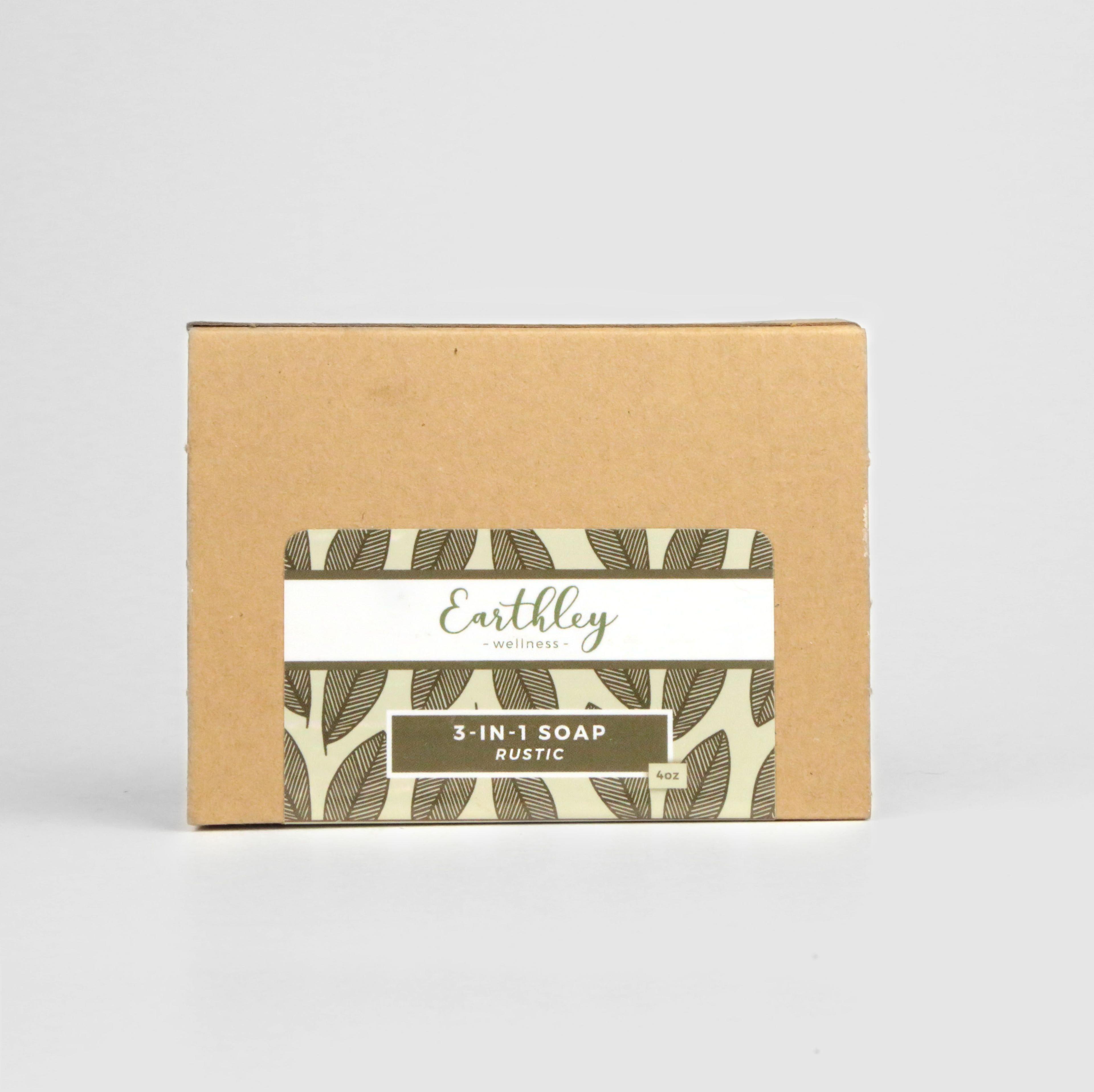 3-in-1 Soap Rustic scent in kraft box with olive green leaf pattern label