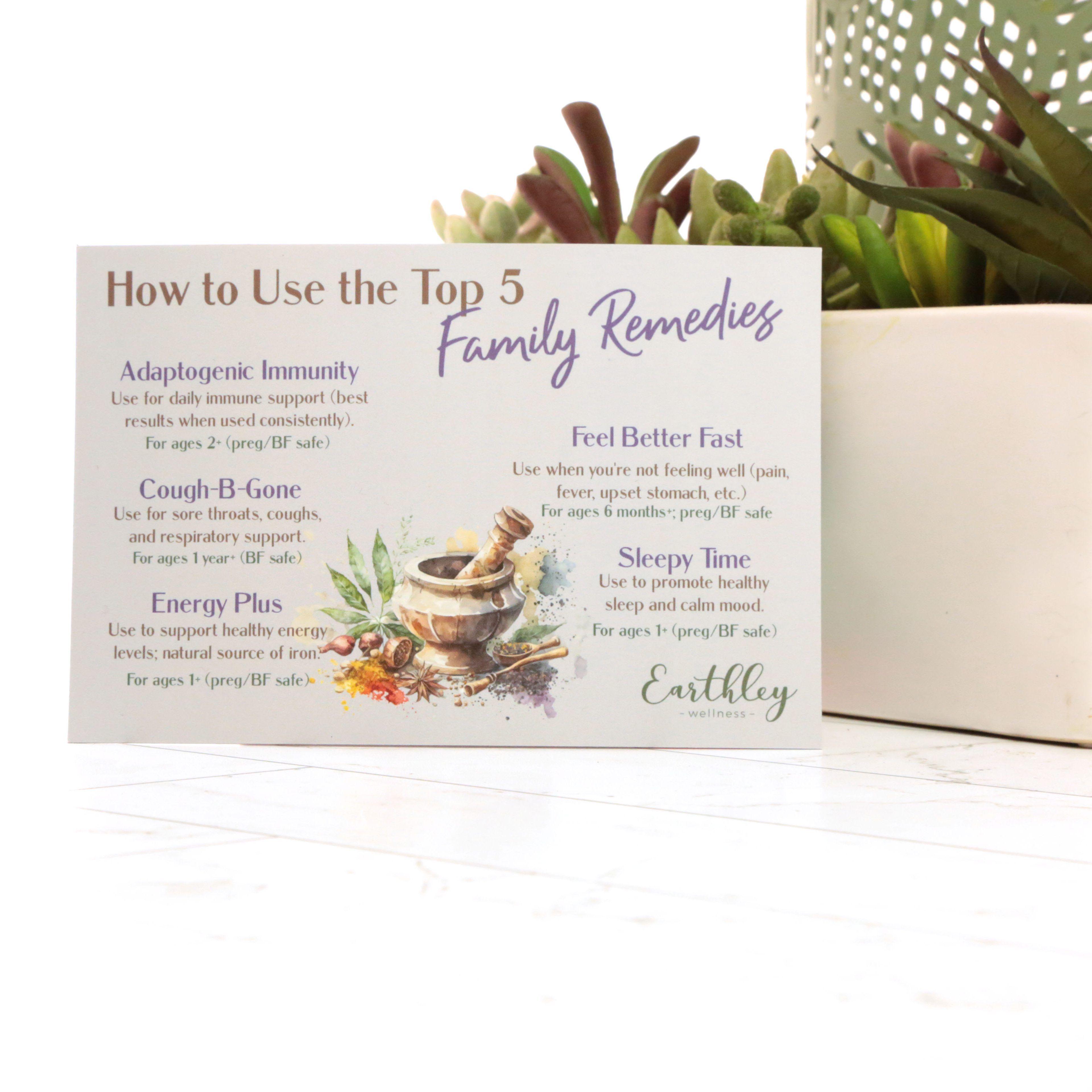 Earthley 5 Family Favorites Magnet showing top five must-have products with amber bottles and cream packaging on teal blue watercolor background