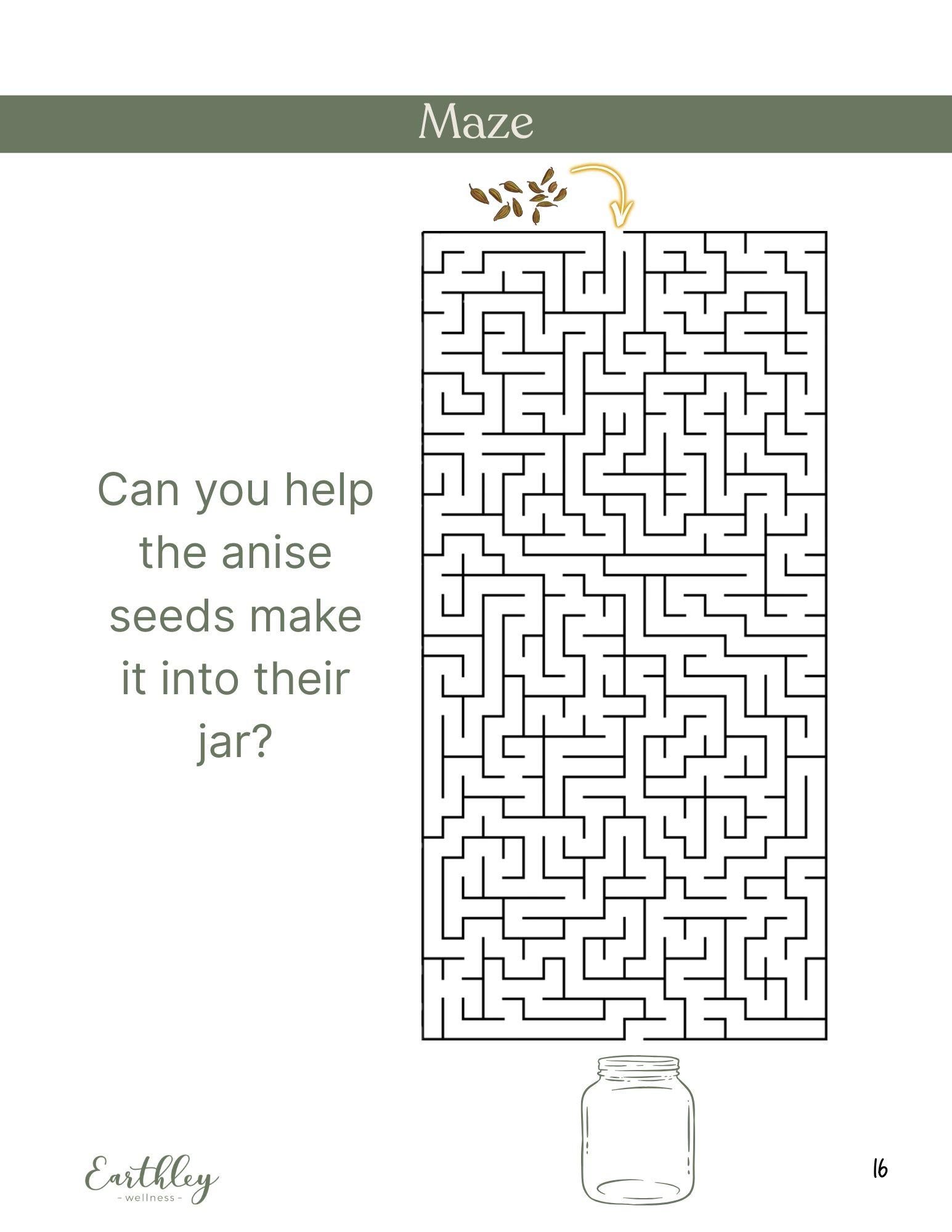 Earthley Anise Seed Maze activity page with sage green olive header and black line maze puzzle leading to jar illustration with brown anise seed icon on white background