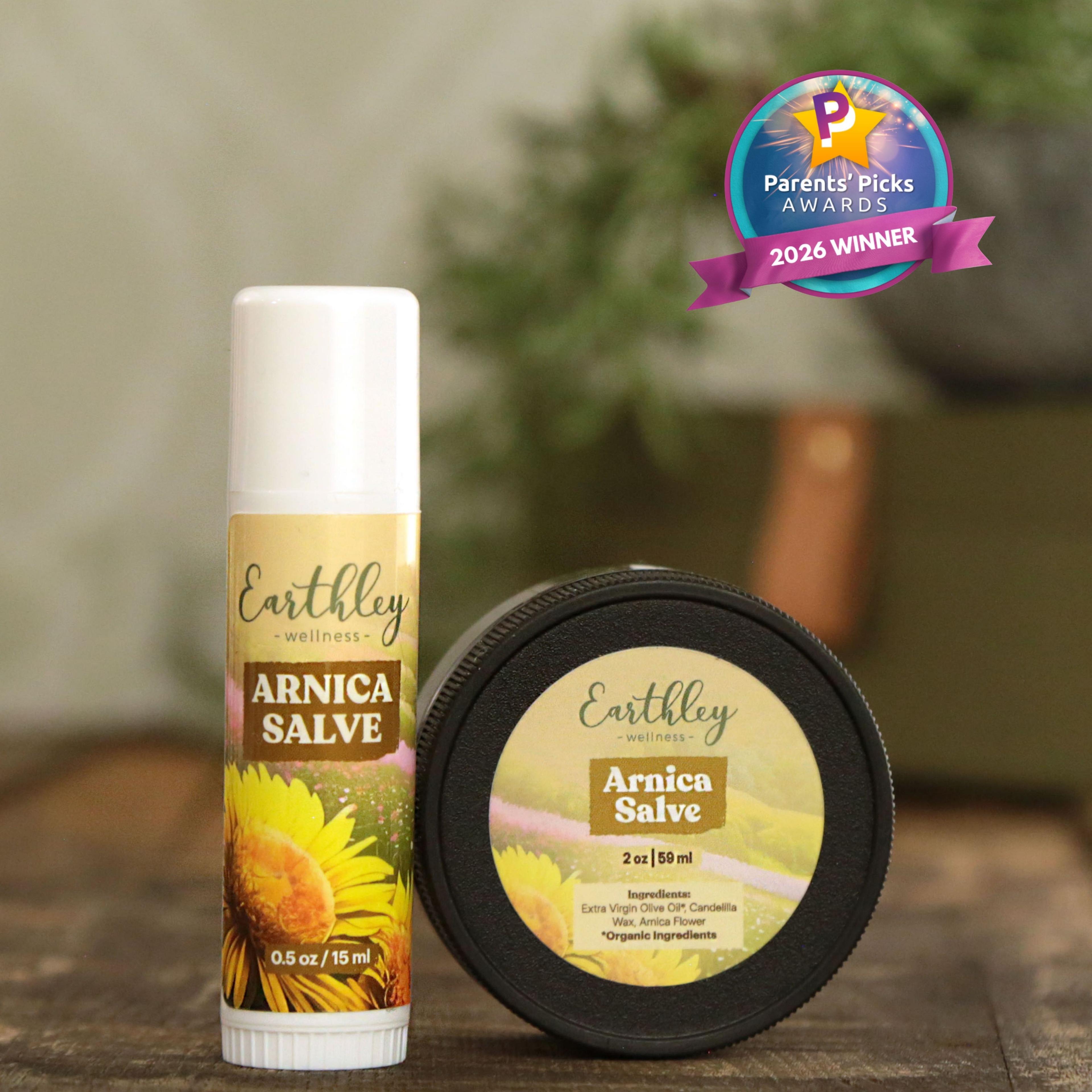 Earthley Arnica Salve stick and jar with sunflower design, featuring Parents' Picks Awards 2026 Winner badge