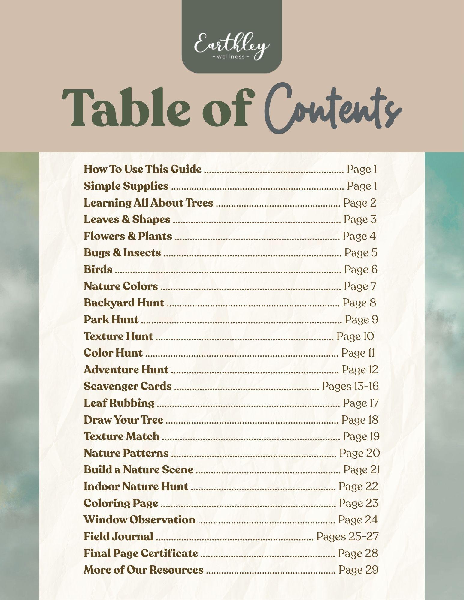 Earthley Wellness nature guide table of contents listing activities like tree learning, bug identification, and outdoor hunts with page numbers