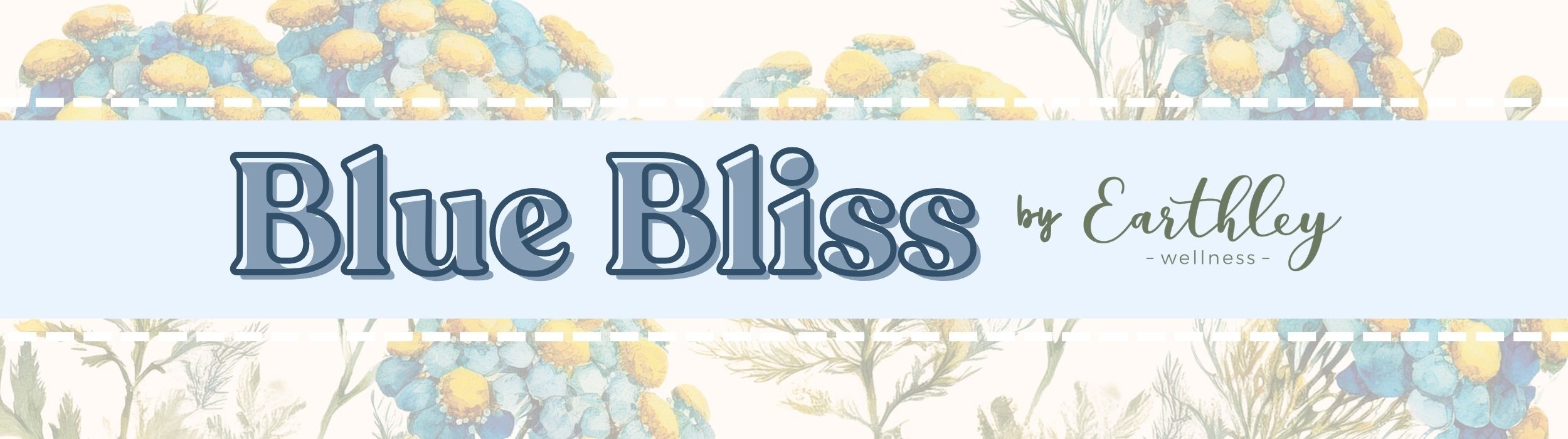 Yellow wildflowers against an ivory background with "Blue Bliss by Earthley" text and Shop Now button