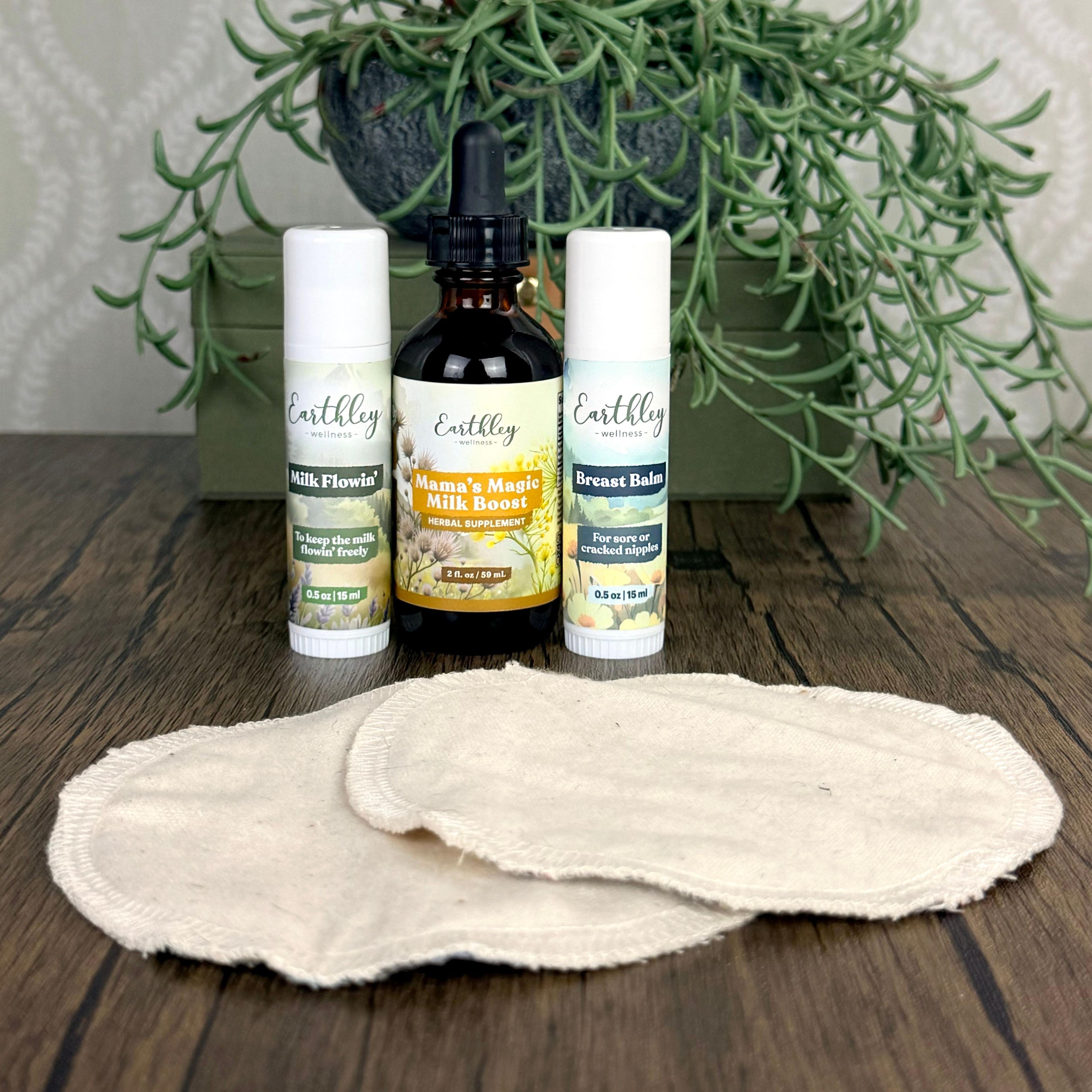 Earthley breastfeeding bundle: Milk Flowin', Mama's Magic Milk Boost tincture, Breast Balm, and nursing pads.