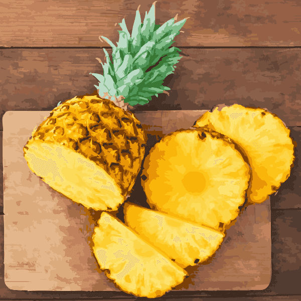 Bromelain supplement header showing golden yellow pineapple halved and sliced on tan cutting board on dark brown wooden table with green leafy crown