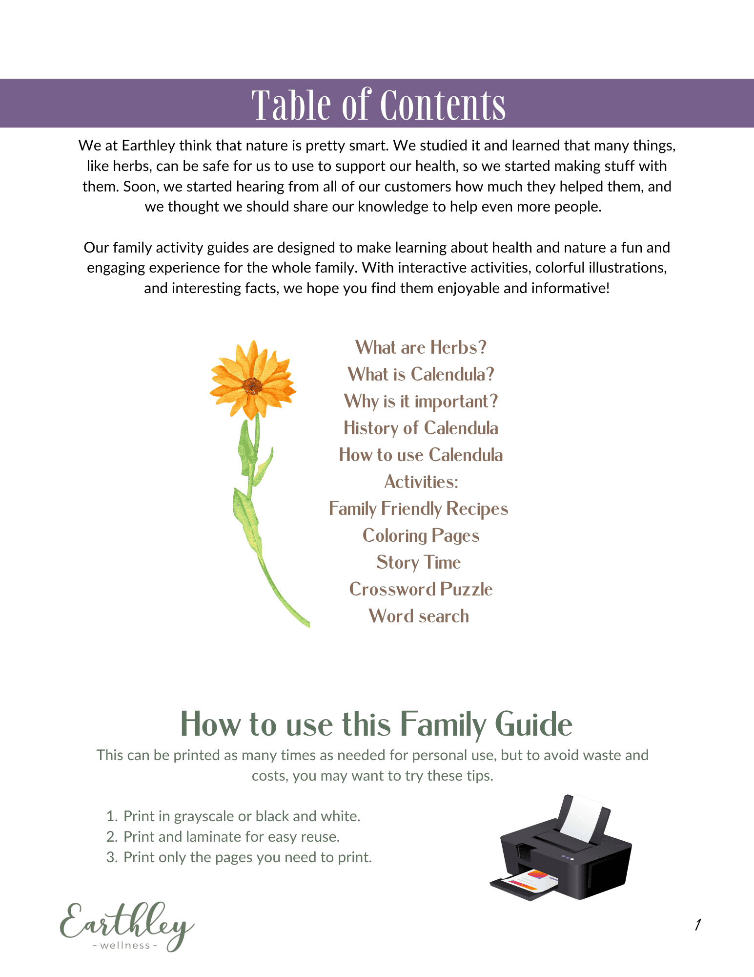 Calendula Mini Family Guide table of contents page with purple header bar orange calendula flower illustration chapter listings and printer icon on white background