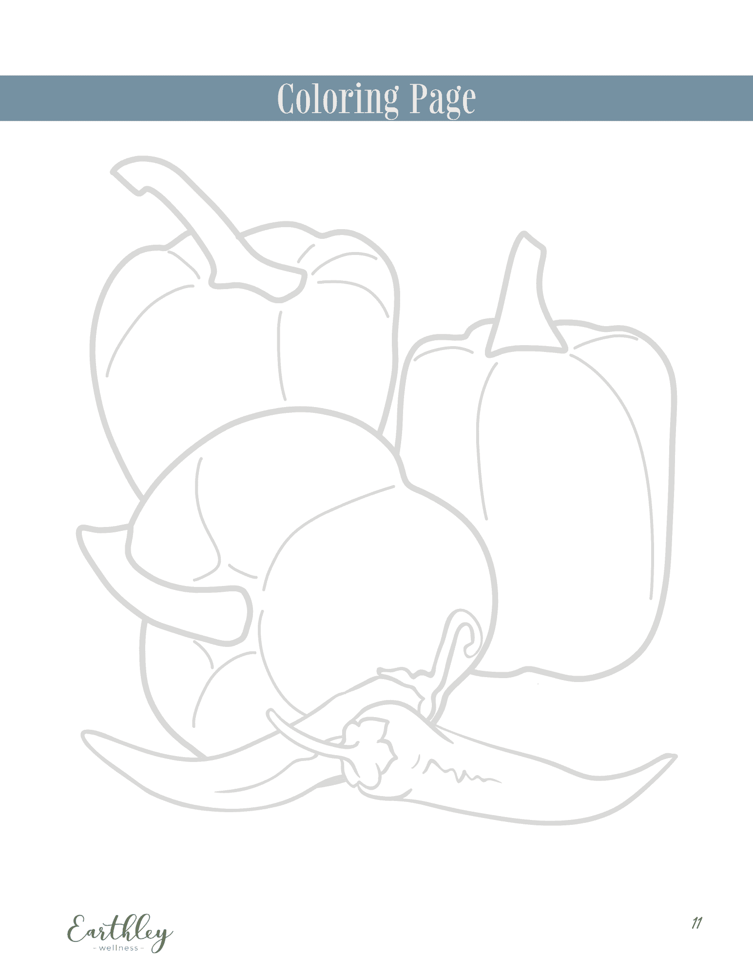 Chili Peppers Mini Family Guide coloring page with slate blue gray header and gray line drawing of bell peppers and chili pepper on white background