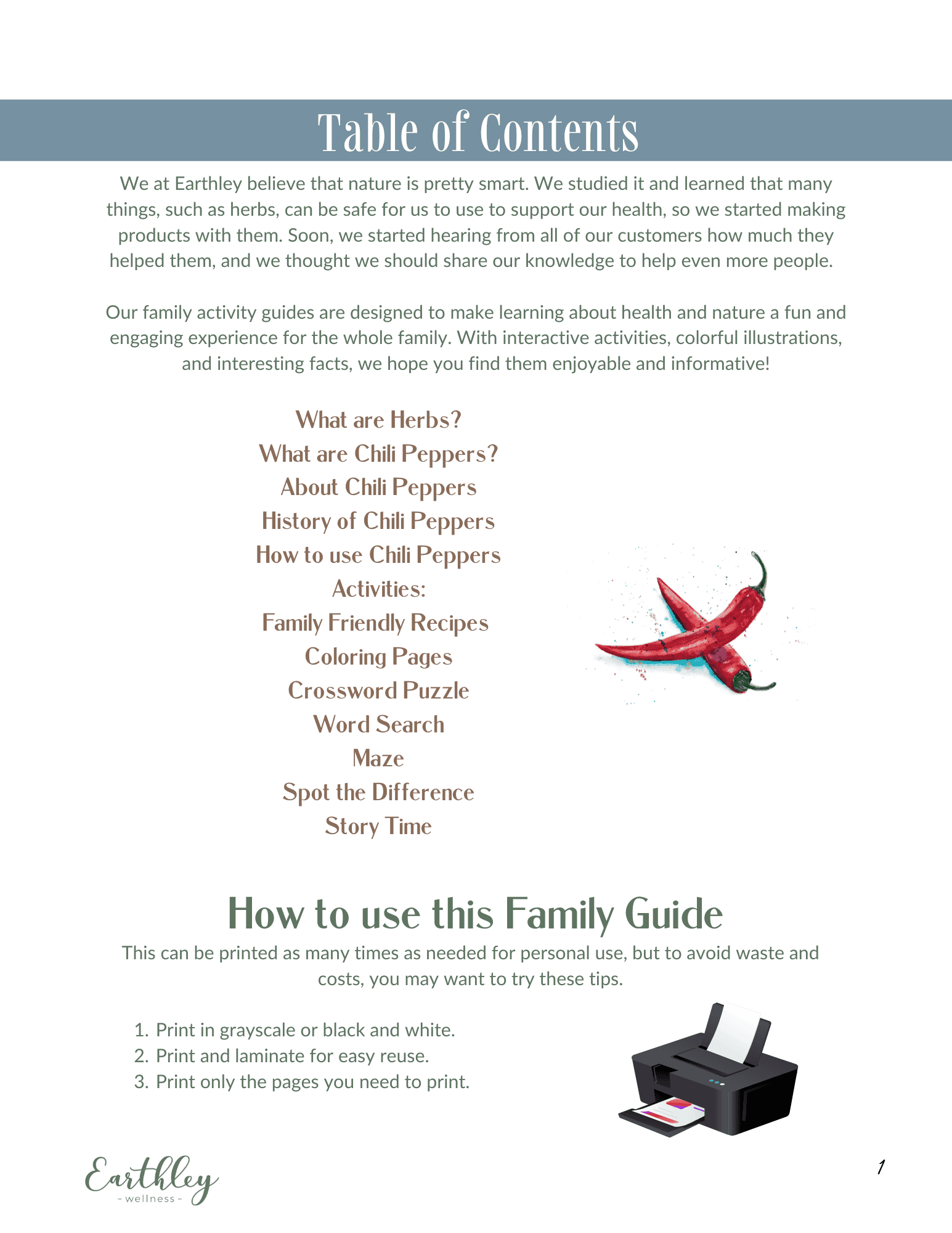 Chili Peppers Mini Family Guide table of contents page with slate blue gray header red chili pepper illustration chapter listings including History and Family Friendly Recipes with printer icon