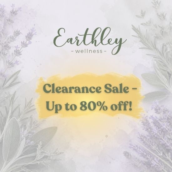 Earthley Wellness clearance sale promotional graphic: up to 80% off, with lavender and herb botanicals.