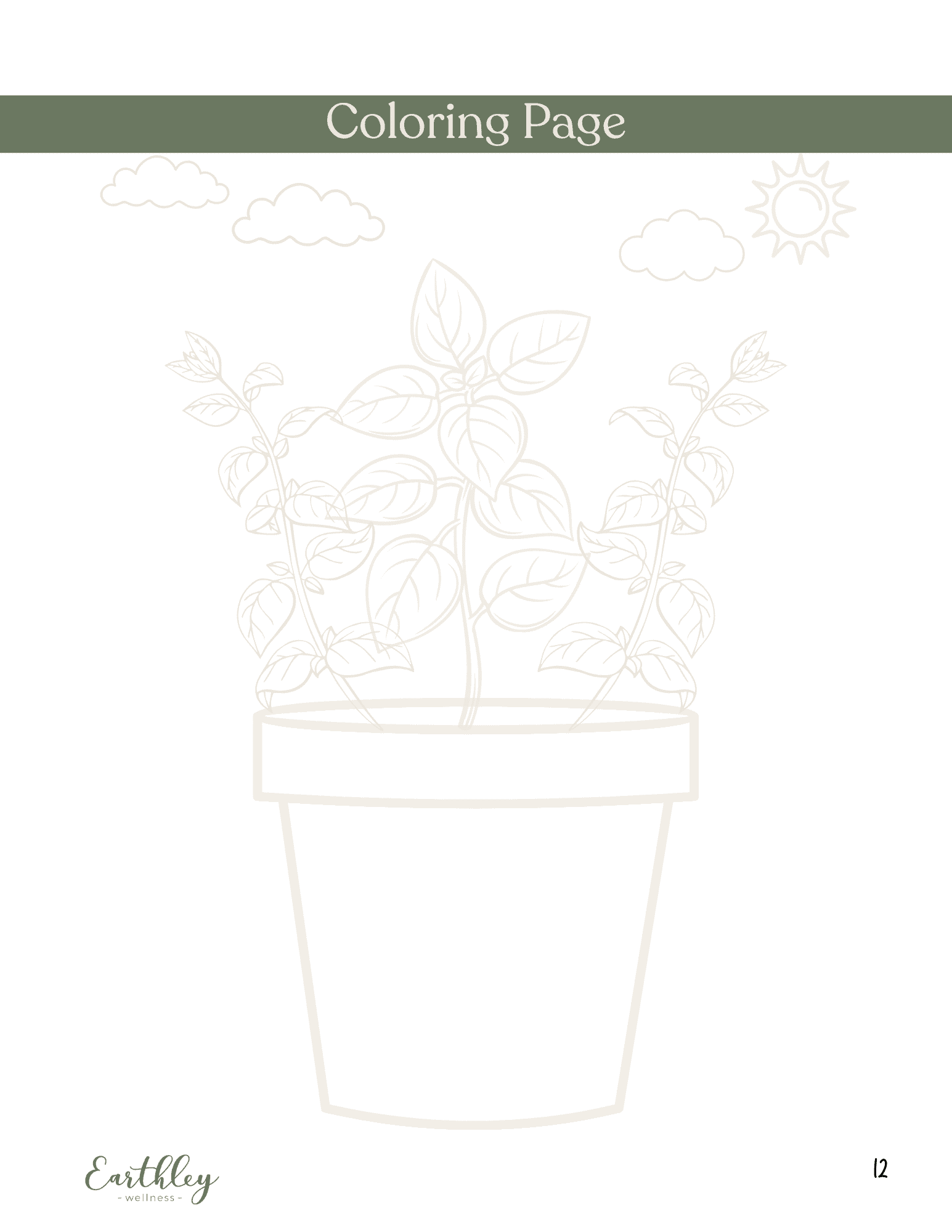 Earthley Coloring Page with sage green header showing outlined herb plant in pot with sun and clouds line art on white background