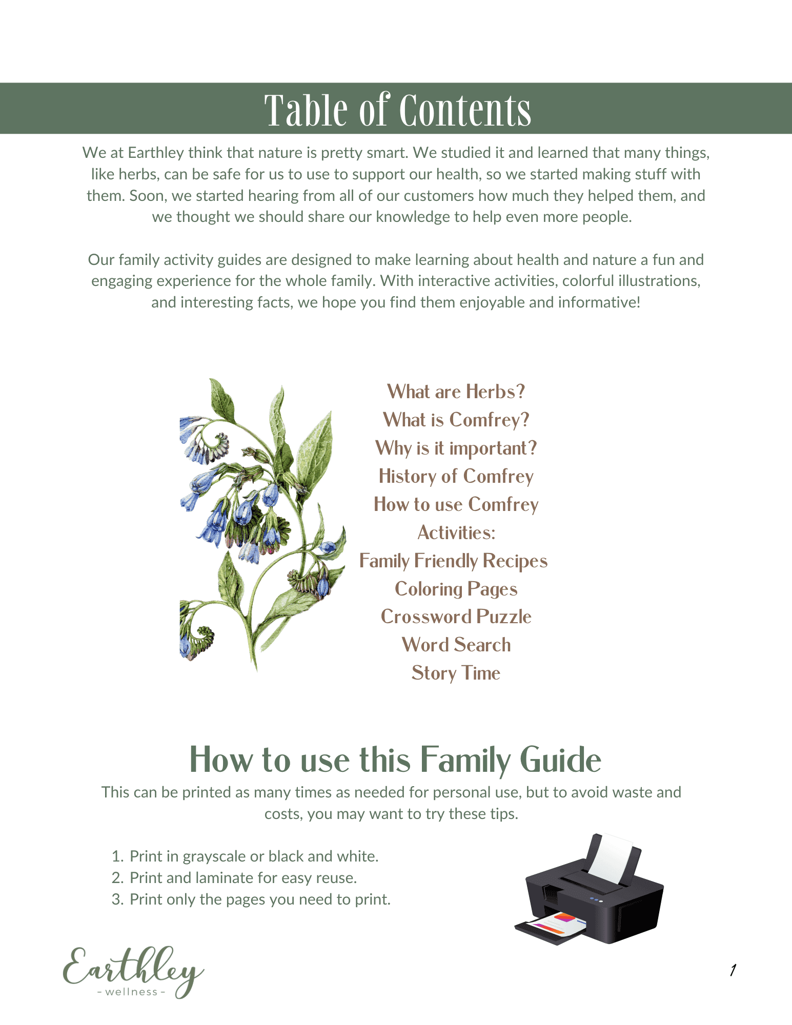 Comfrey Mini Family Guide table of contents page with sage green header blue purple comfrey flower illustration and chapter listings on white background