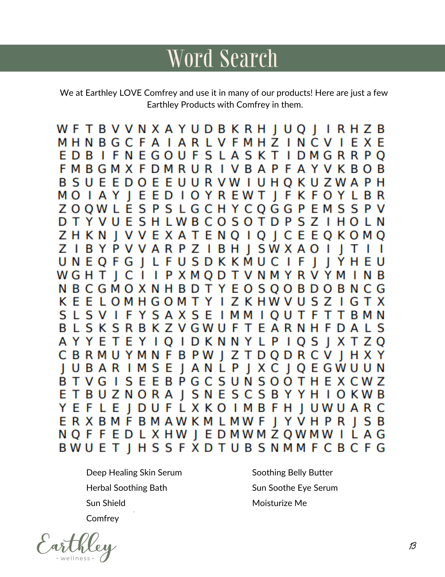 Comfrey Mini Family Guide word search activity page with purple header letter grid puzzle and product names including Deep Healing Skin Serum and Soothing Belly Butter