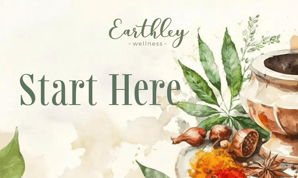 Start Here wellness journey banner with watercolor illustration of herbal tea cup mortar and pestle and botanical leaves