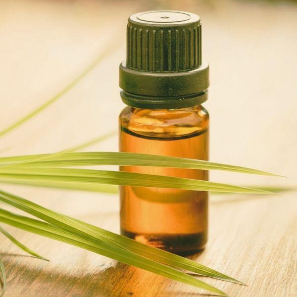 Amber essential oil bottle with black cap beside fresh green herb sprigs on wood surface