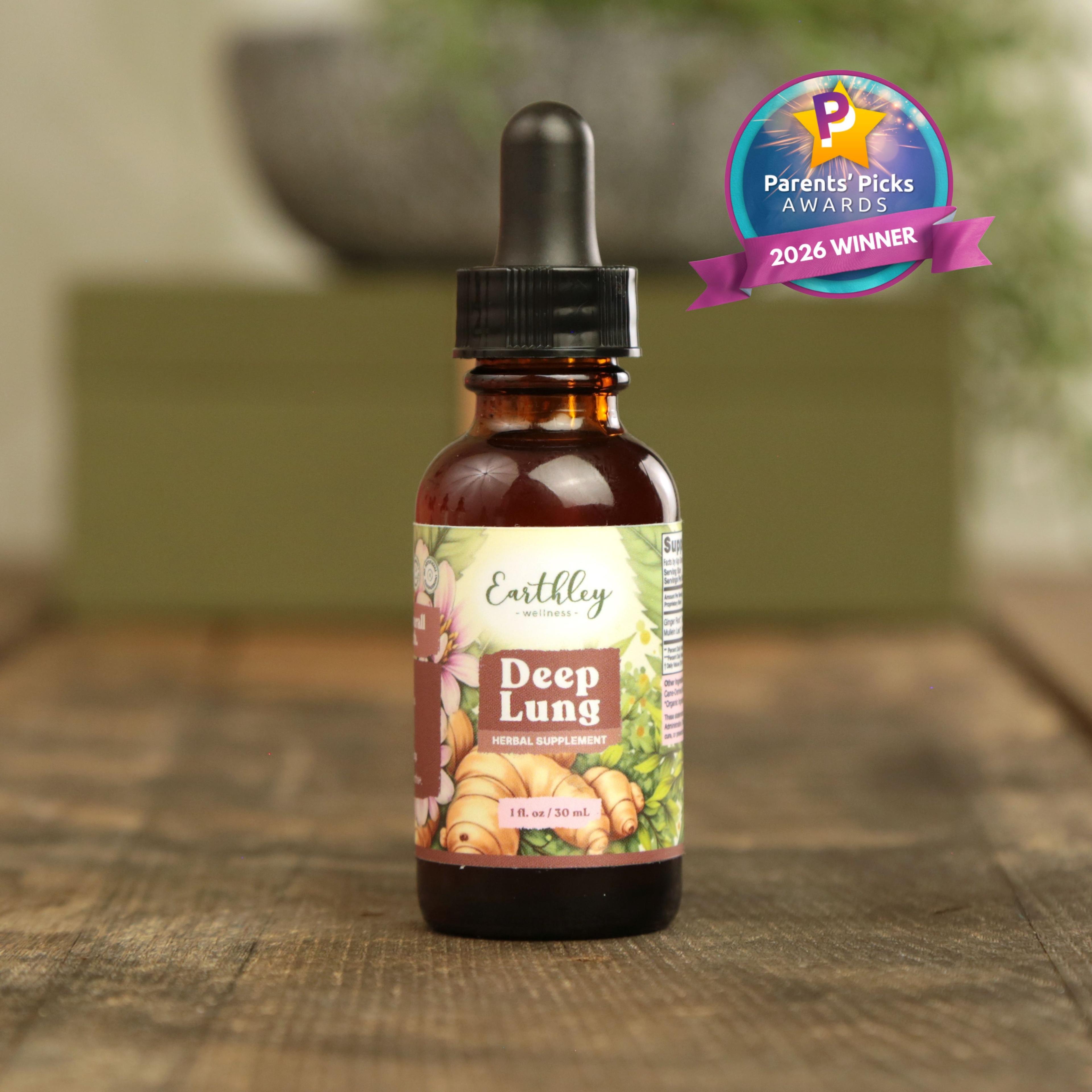 Earthley Deep Lung herbal tincture bottle with dropper on wooden surface, featuring Parents' Picks 2026 Winner award badge