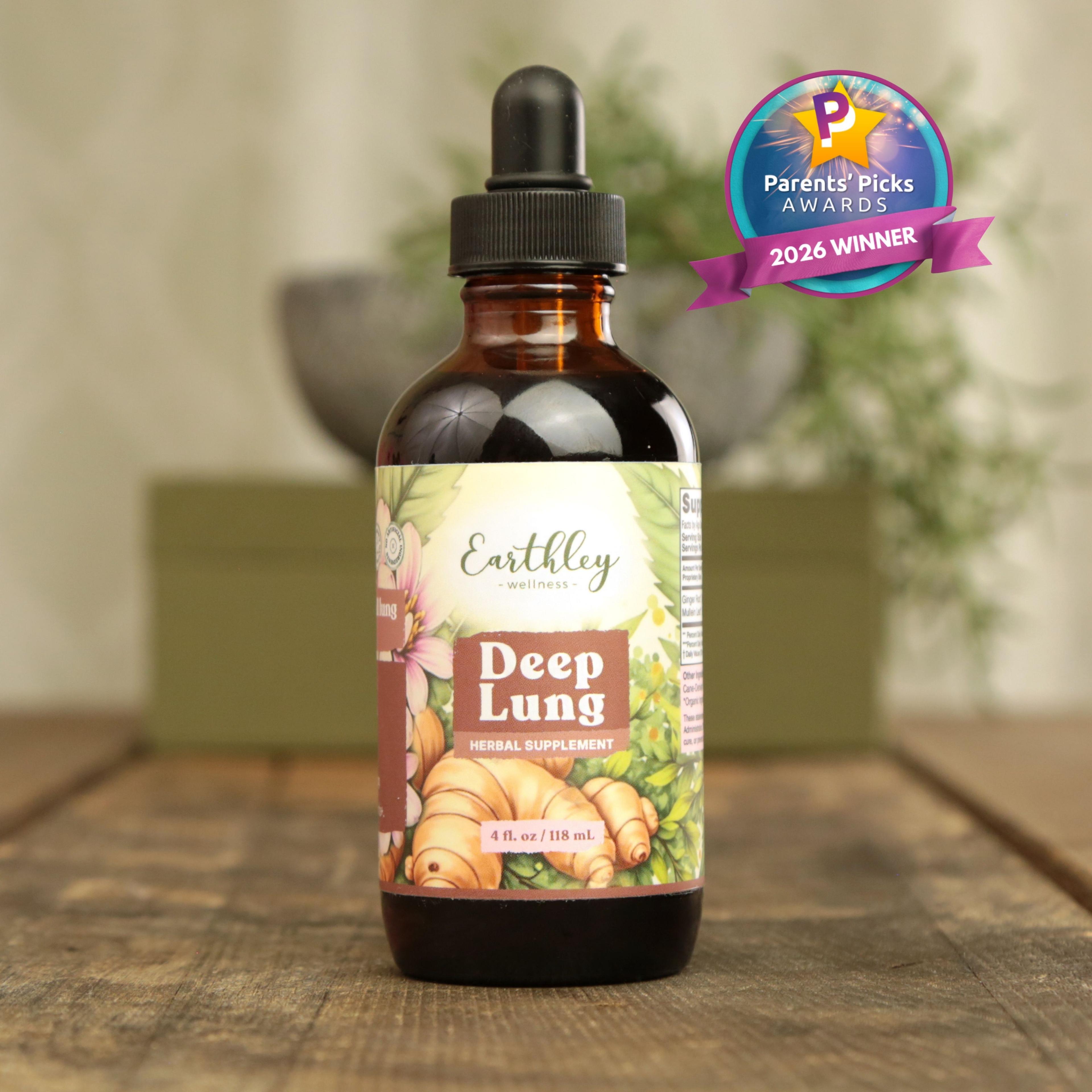 Earthley Deep Lung herbal supplement tincture bottle with dropper, featuring Parents' Picks 2026 Winner award badge