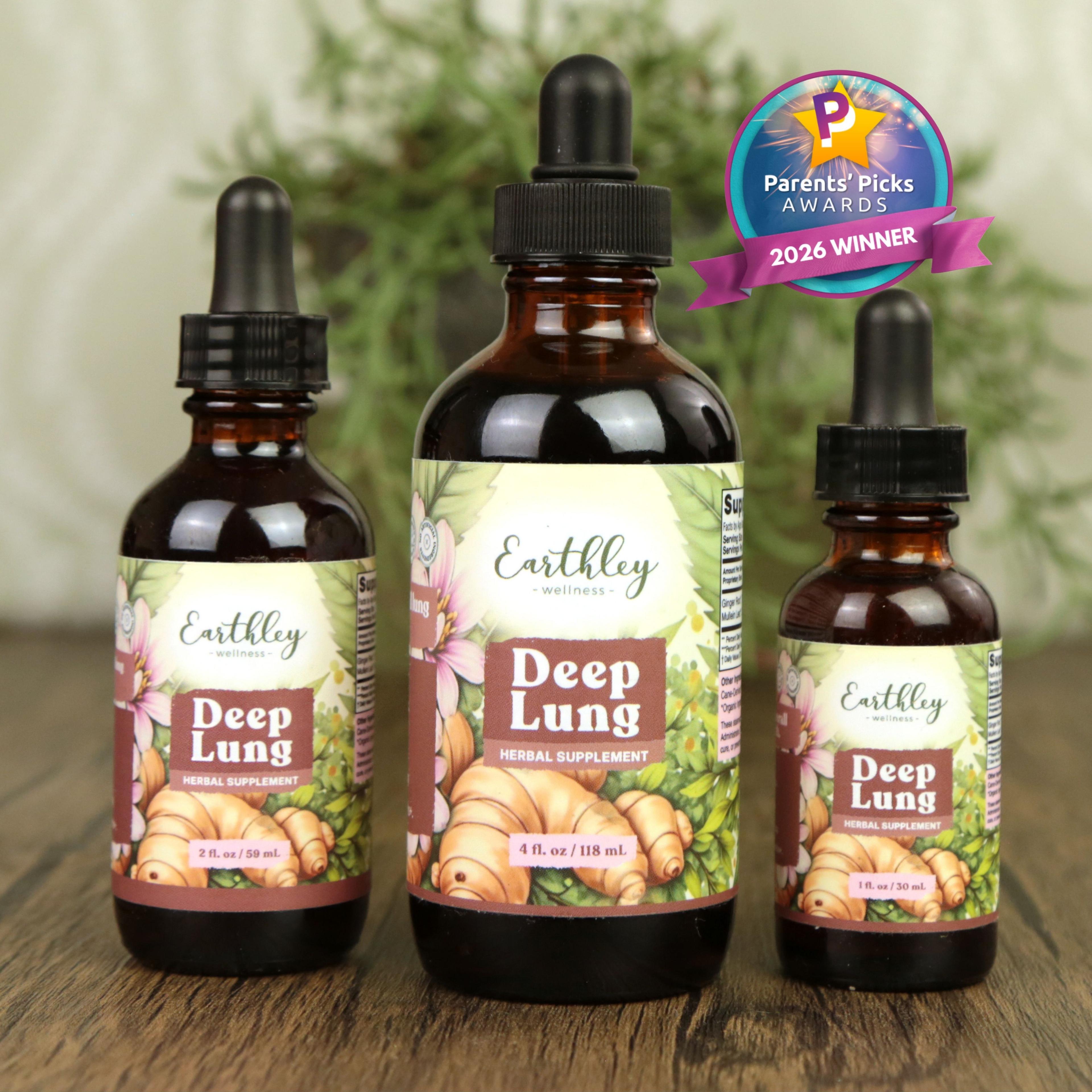 Three amber glass bottles of Earthley Deep Lung herbal tincture in different sizes with droppers, featuring Parents' Picks 2026 Winner award badge