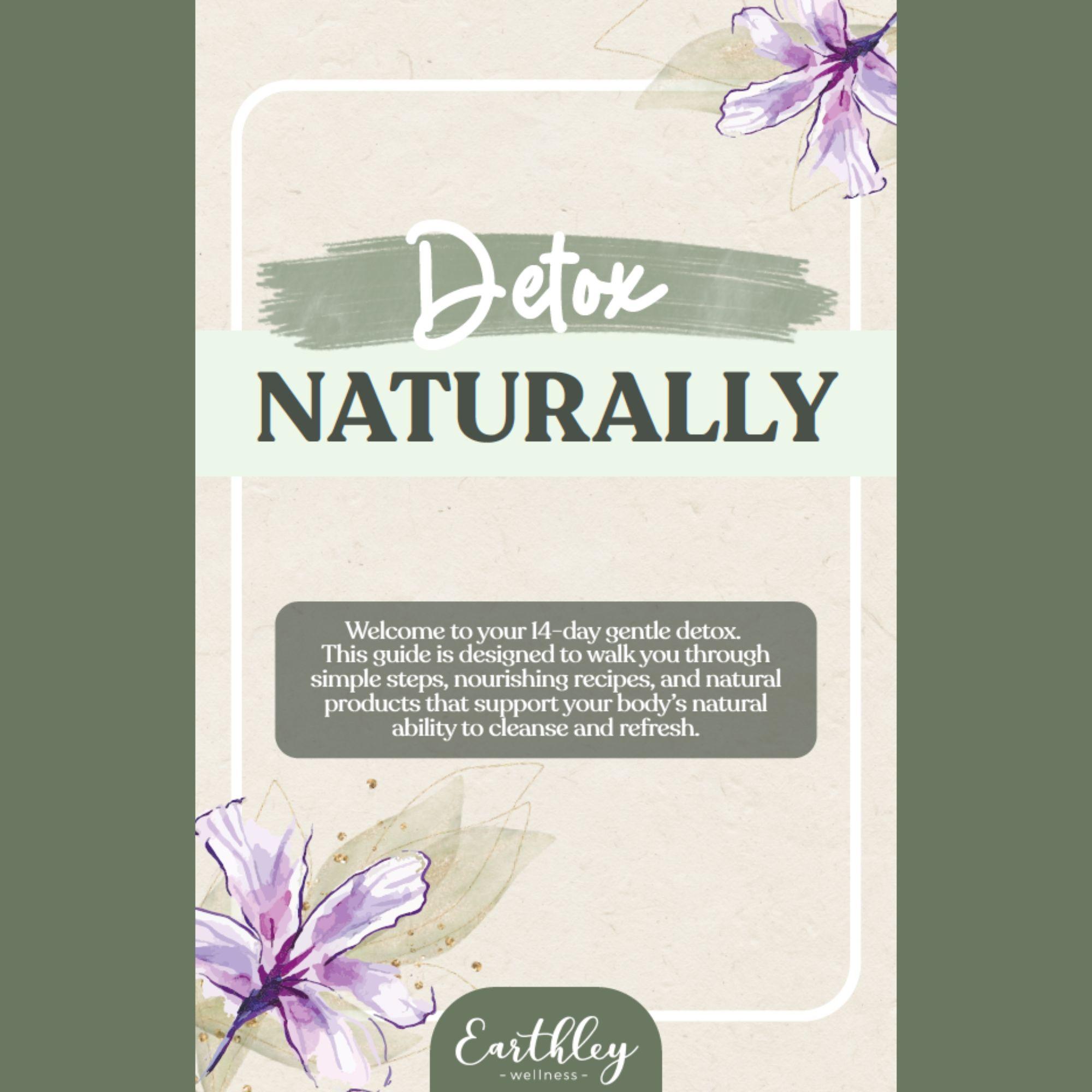 Earthley Detox Naturally Guide cover with purple watercolor flowers and sage green leaves on cream textured paper background with teal brush stroke header