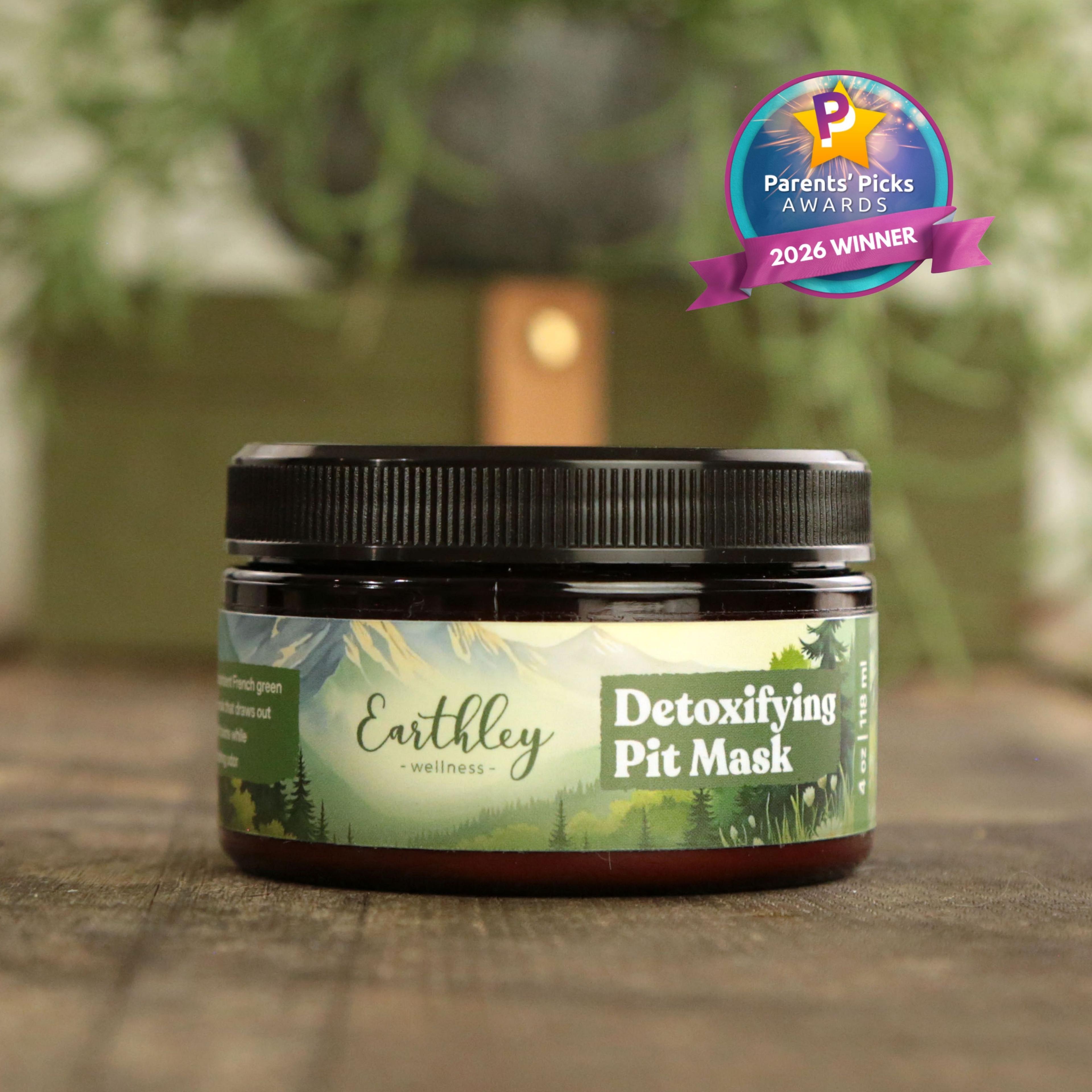 Earthley Detoxifying Pit Mask jar with forest-themed label and Parents' Picks Awards 2026 Winner badge