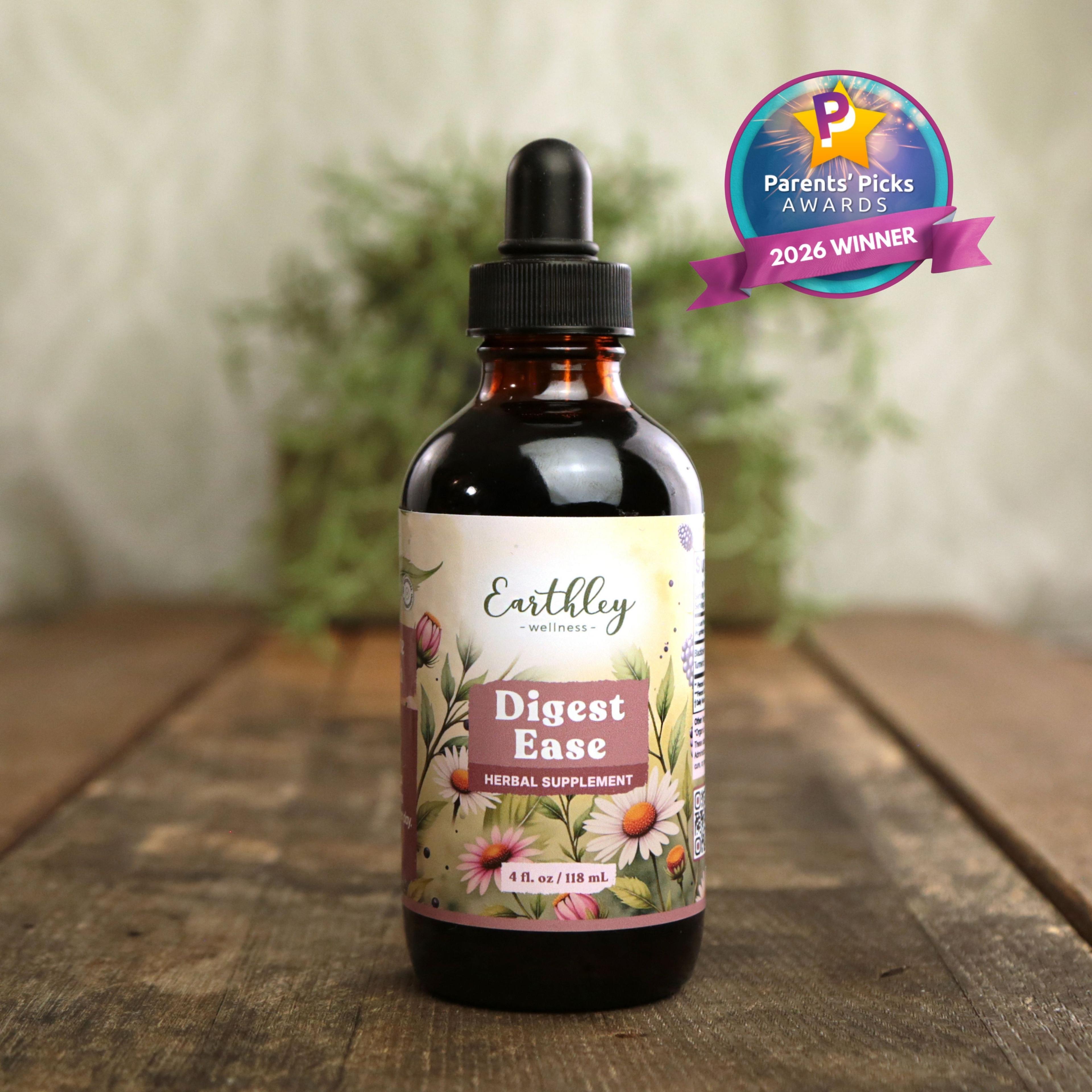 Earthley Wellness Digest Ease herbal tincture bottle with dropper and floral label, featuring Parents' Picks 2026 Winner badge