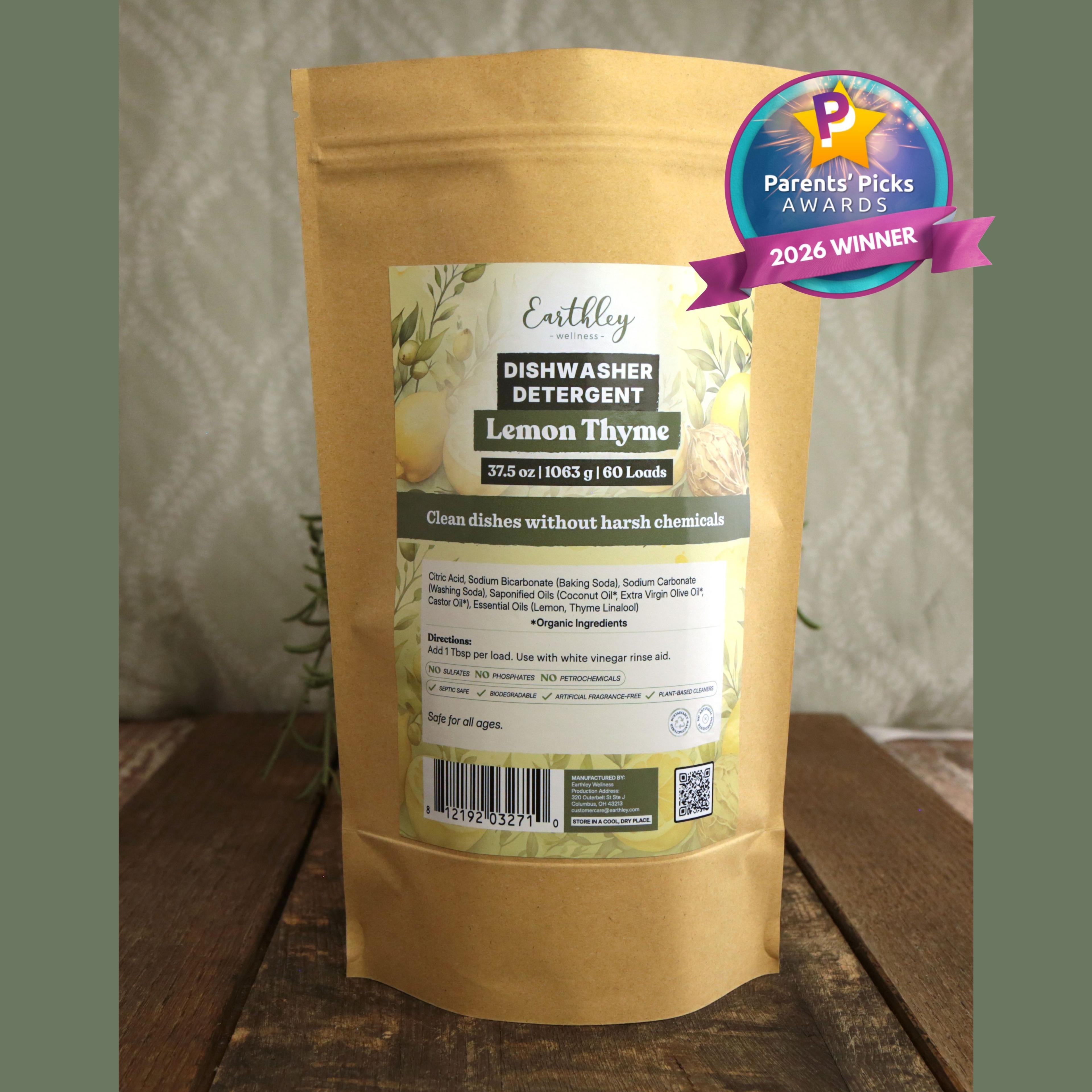 Earthley Wellness Lemon Thyme Dishwasher Detergent in kraft pouch with Parents' Picks 2026 Winner award badge