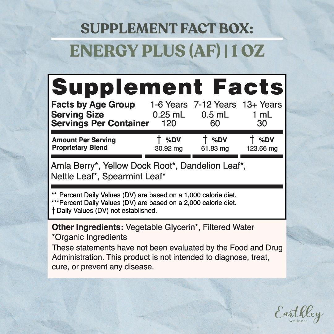 Supplement facts label for Energy Plus (AF) 1oz tincture with herbal blend ingredients.