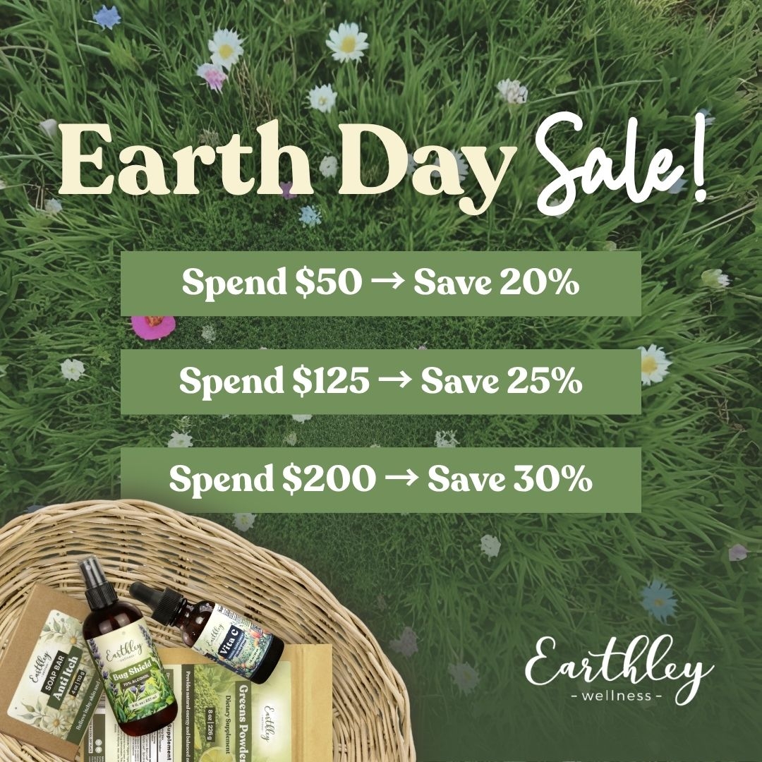 Earth Day Sale promotional graphic with wildflower meadow background, wicker basket of herbal products, and tiered discount offers