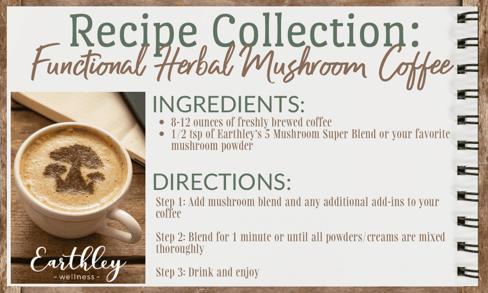 Recipe Collection Functional Herbal Mushroom Coffee card showing ingredients directions and latte in white cup