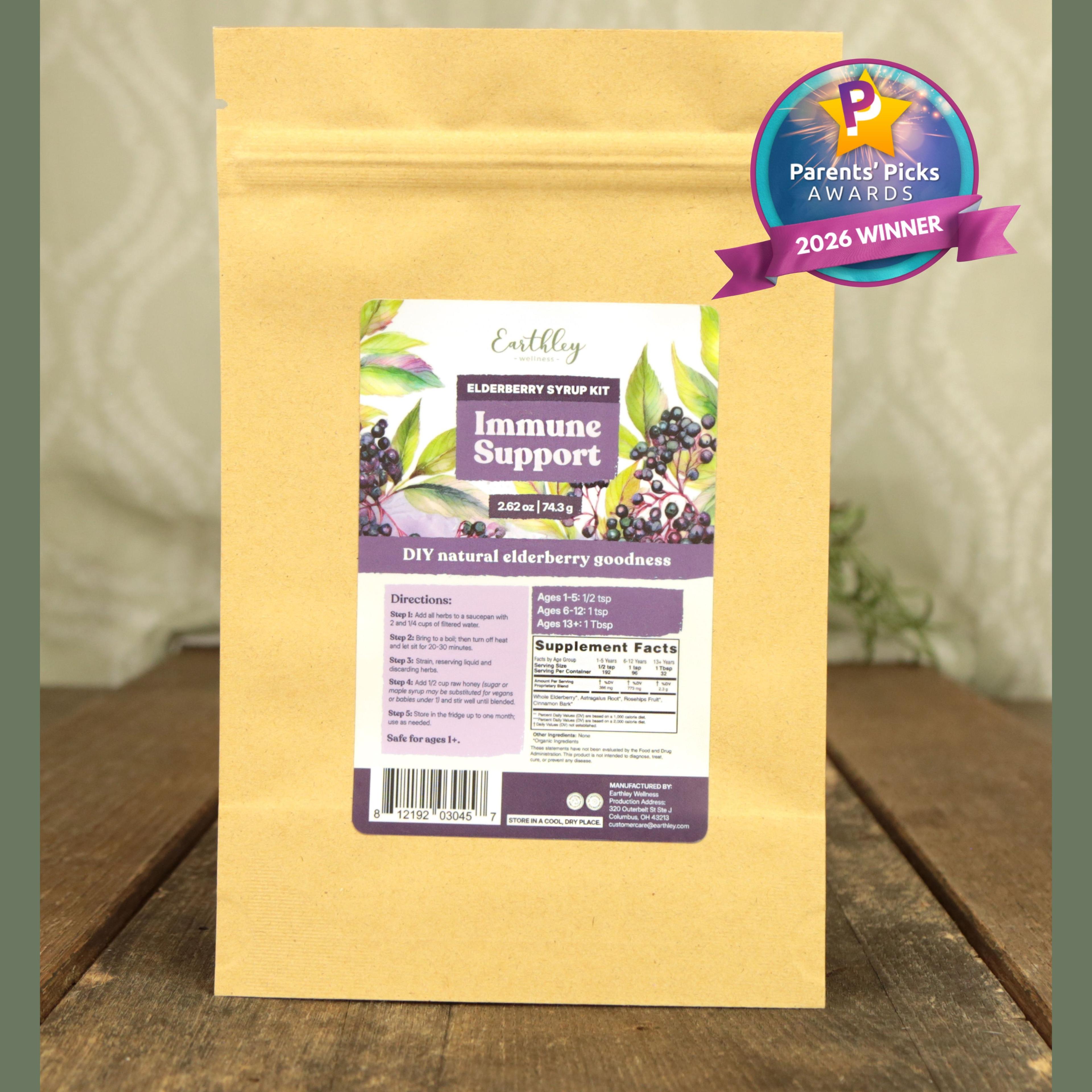 Earthley Elderberry Syrup Kit package with Parents' Picks Awards 2026 Winner badge on wooden surface