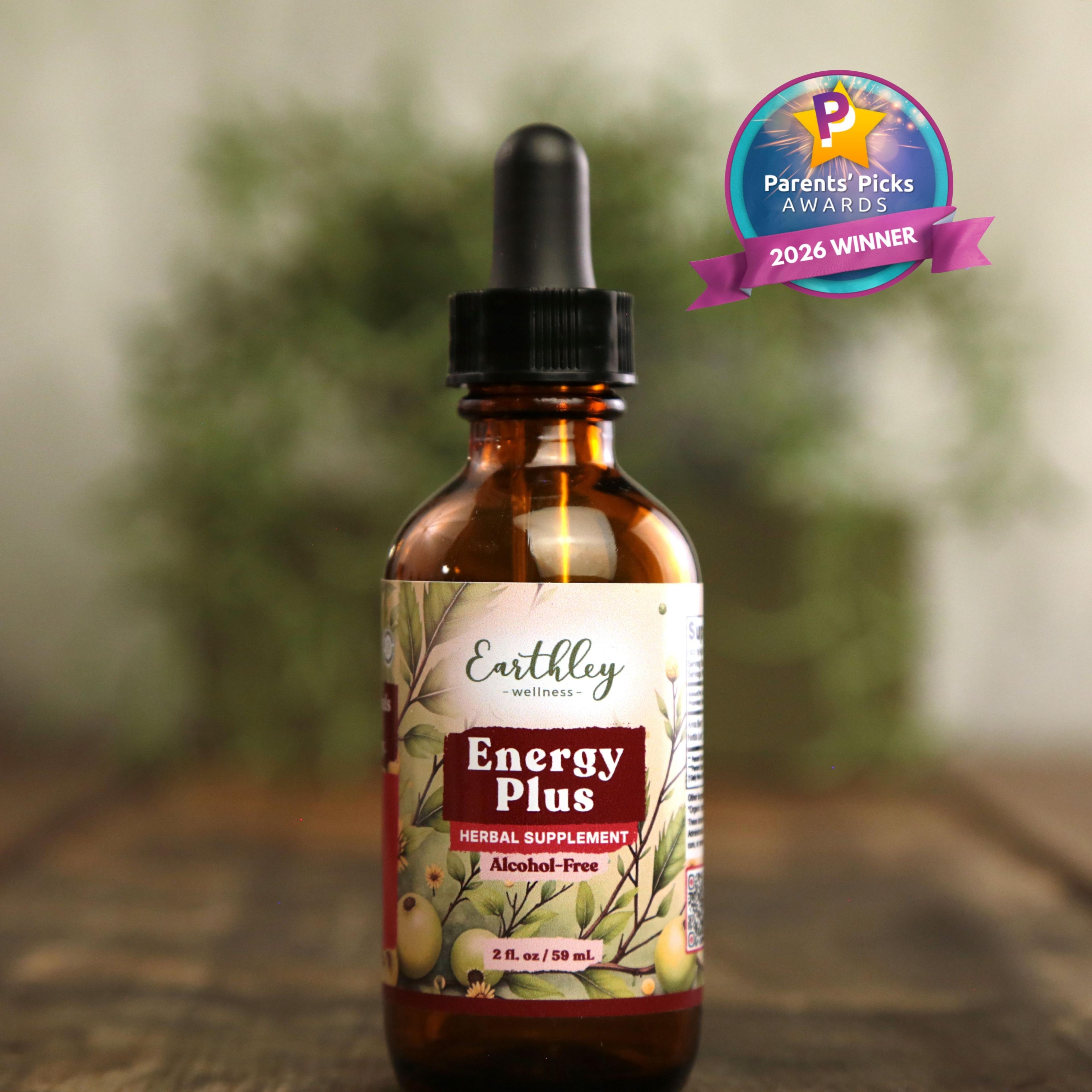Earthley Energy Plus herbal tincture bottle with dropper and Parents' Picks Awards 2026 Winner badge