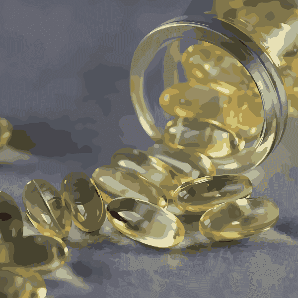 Fish gelatin softgels ingredient photo showing golden yellow translucent oval capsules spilling from clear glass jar onto gray marble surface