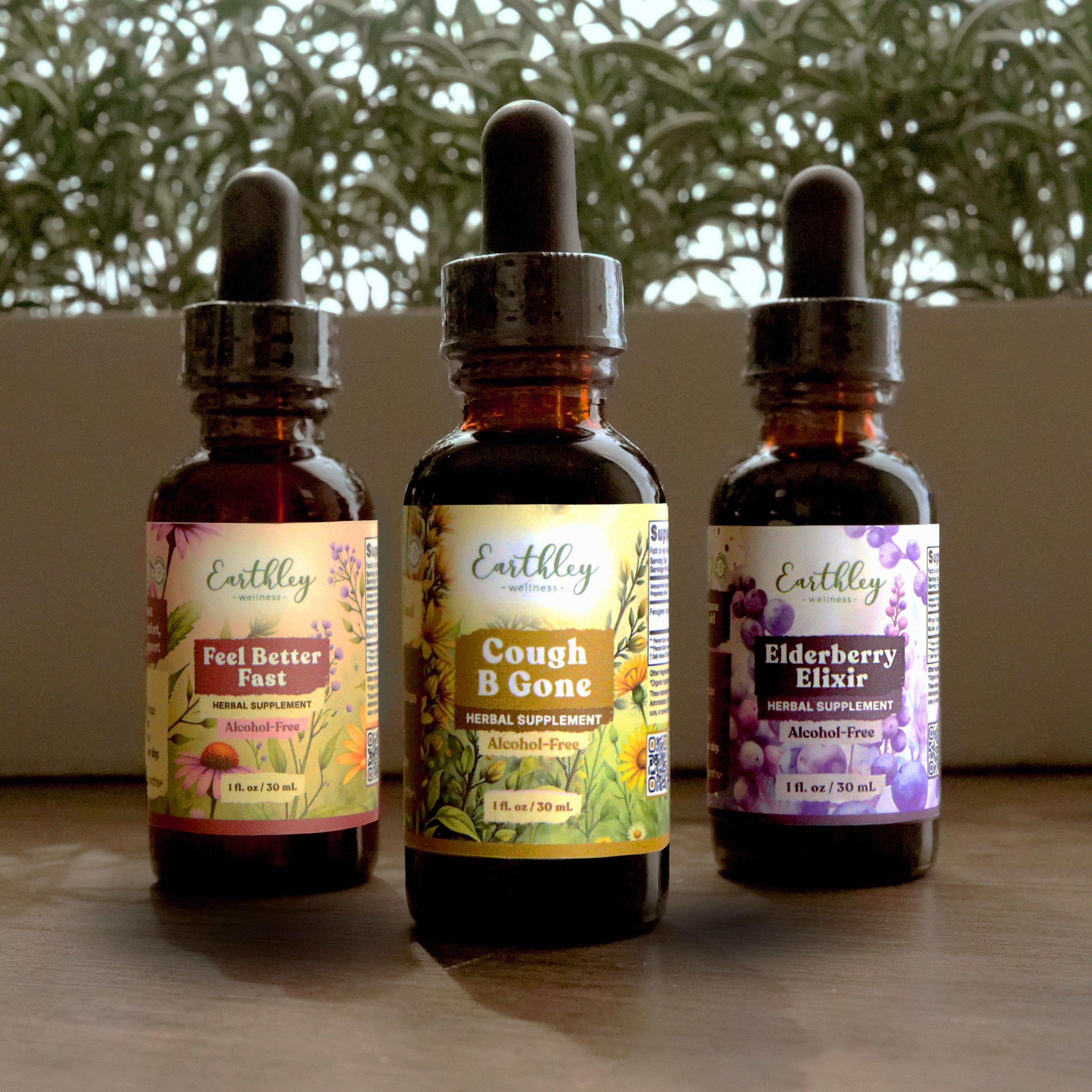 Three Earthley Wellness herbal tinctures: Feel Better Fast, Cough B Gone, and Elderberry Elixir, 1 fl oz each