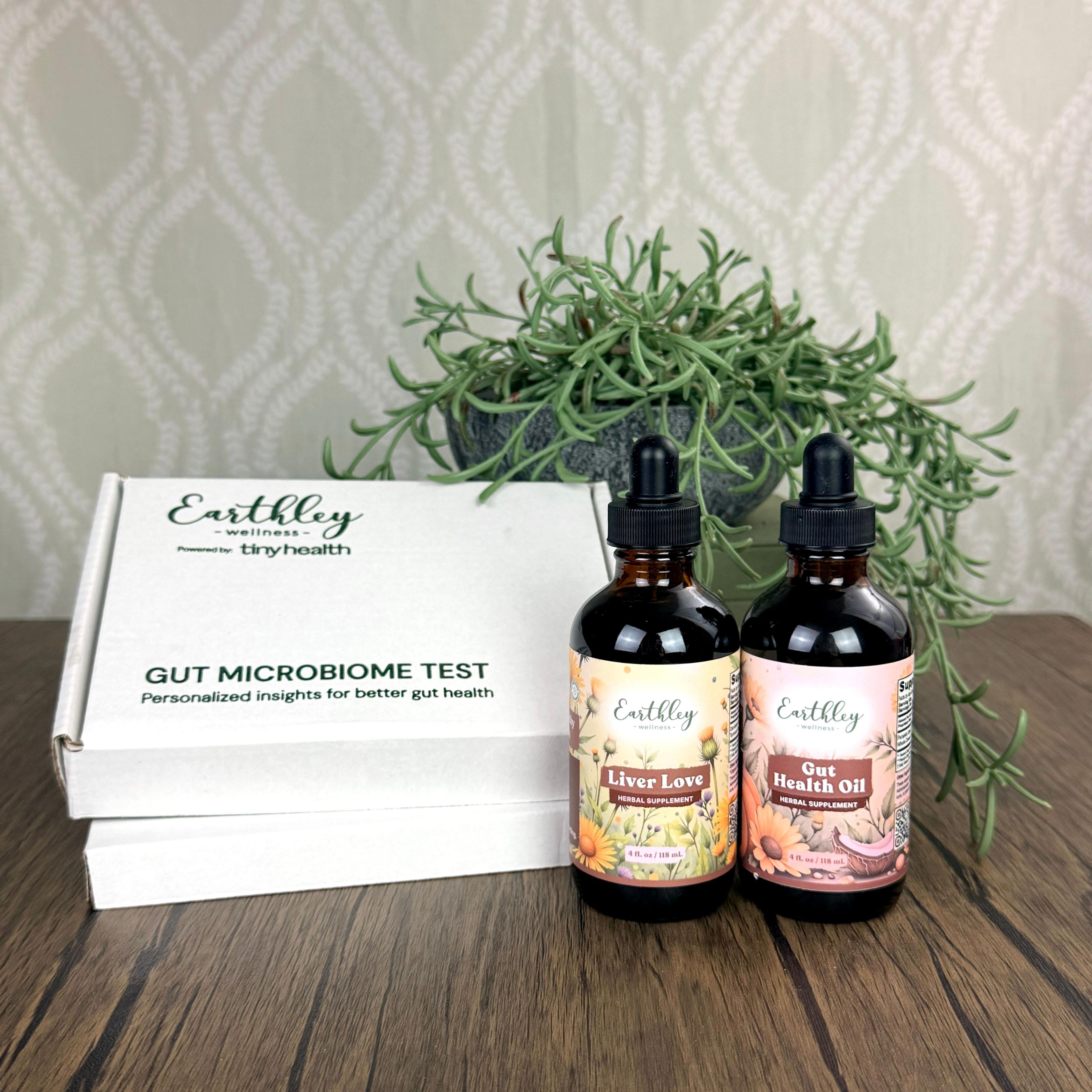 Earthley Wellness Gut Microbiome Test kit with Liver Love and Gut Health Oil tinctures