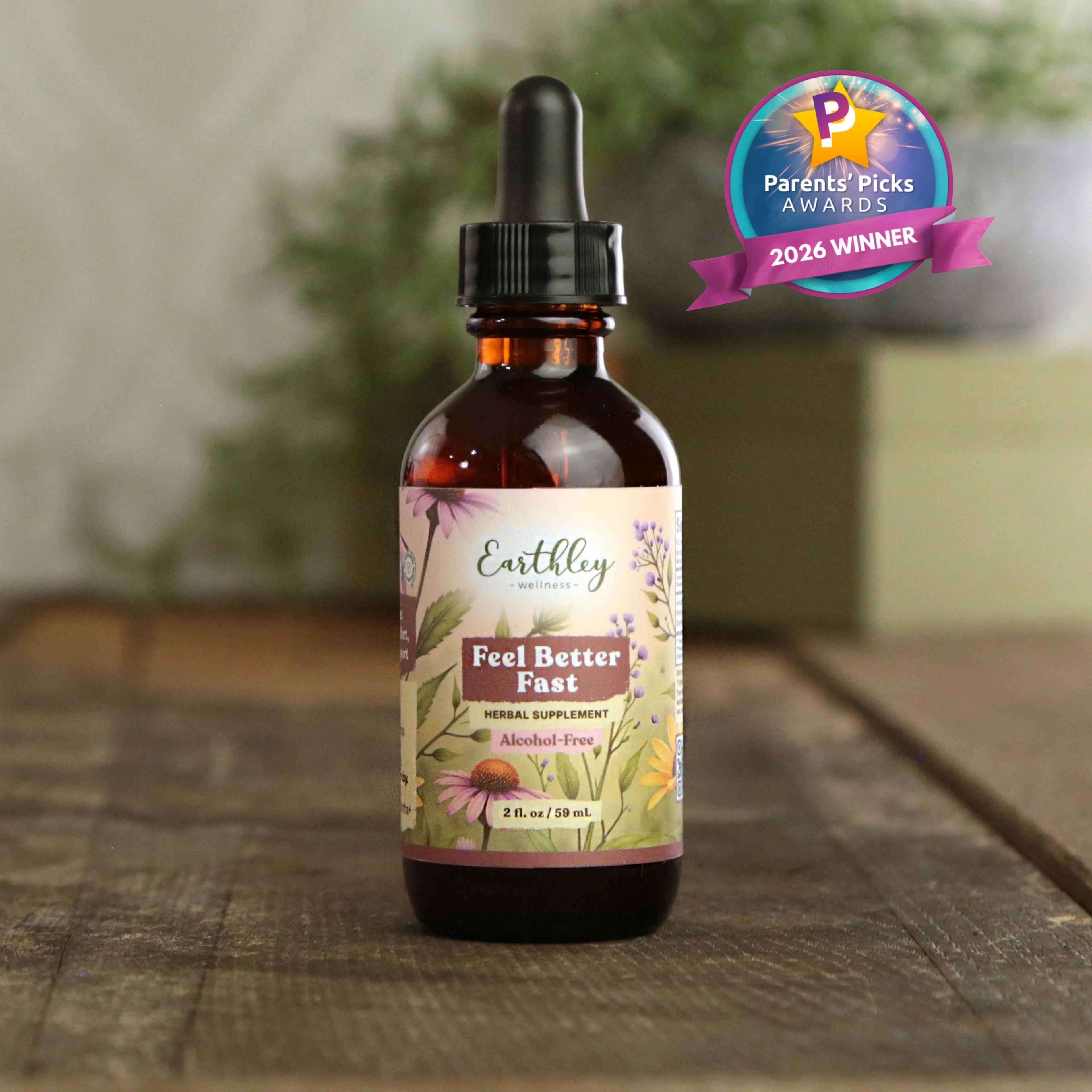Earthley Feel Better Fast herbal tincture bottle with dropper and Parents' Picks 2026 Winner award badge