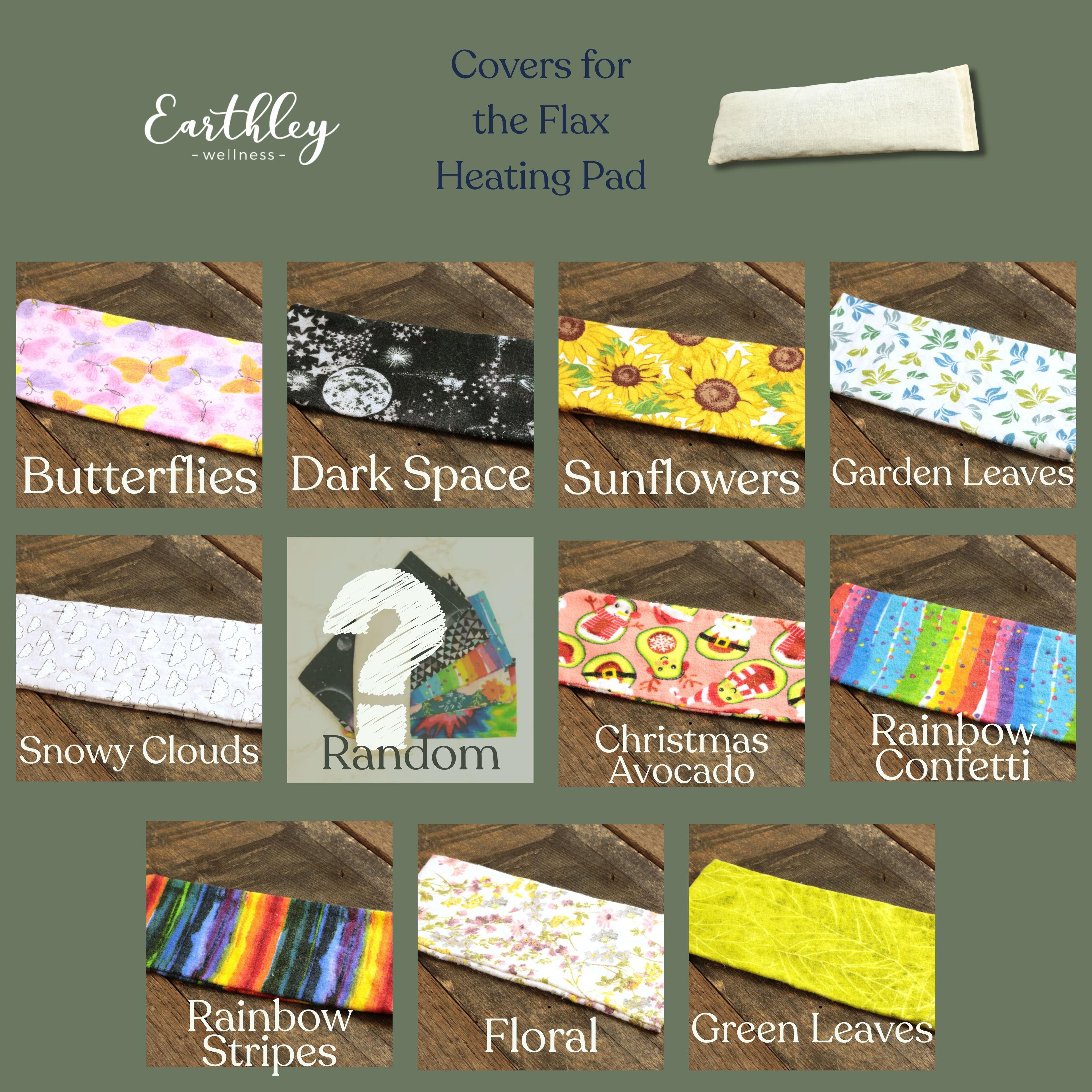 Flax heating pad cover options in various patterns: butterflies, space, sunflowers, leaves, clouds, avocado, rainbow designs