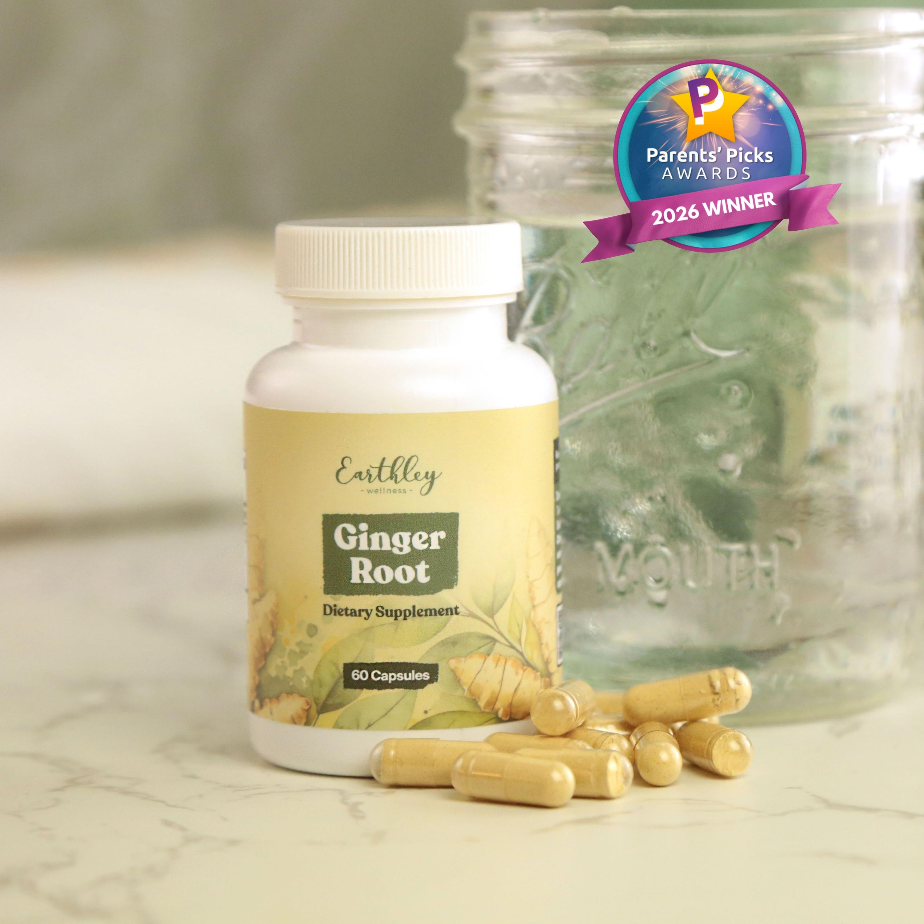 Earthley Ginger Root supplement bottle with scattered capsules and Parents' Picks Awards 2026 Winner badge