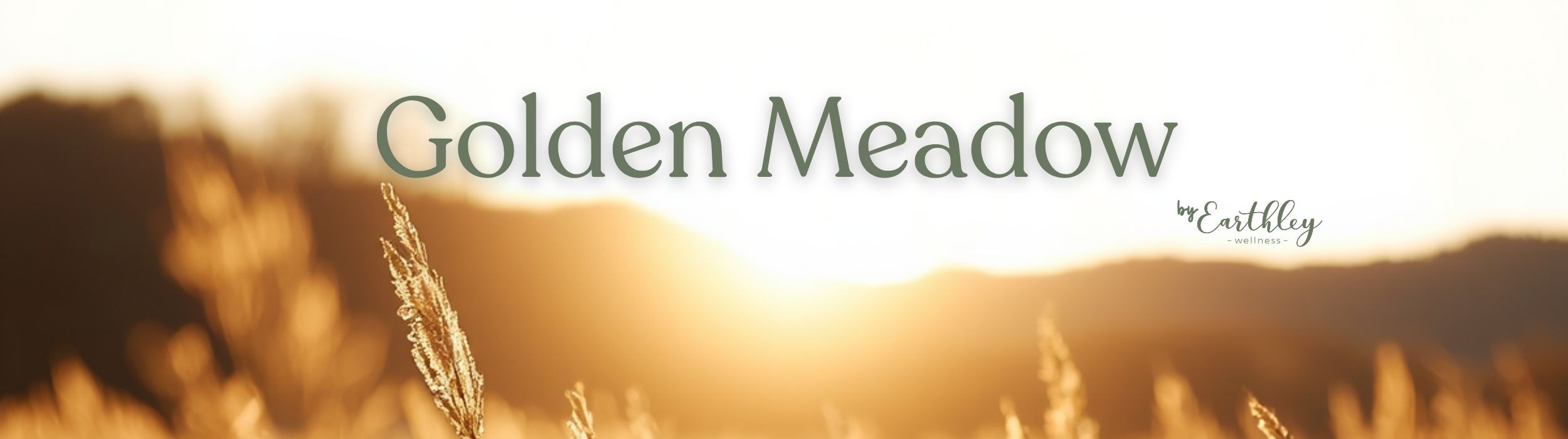 Golden Meadow by Earthley Wellness banner with sunlit grassy field at sunset