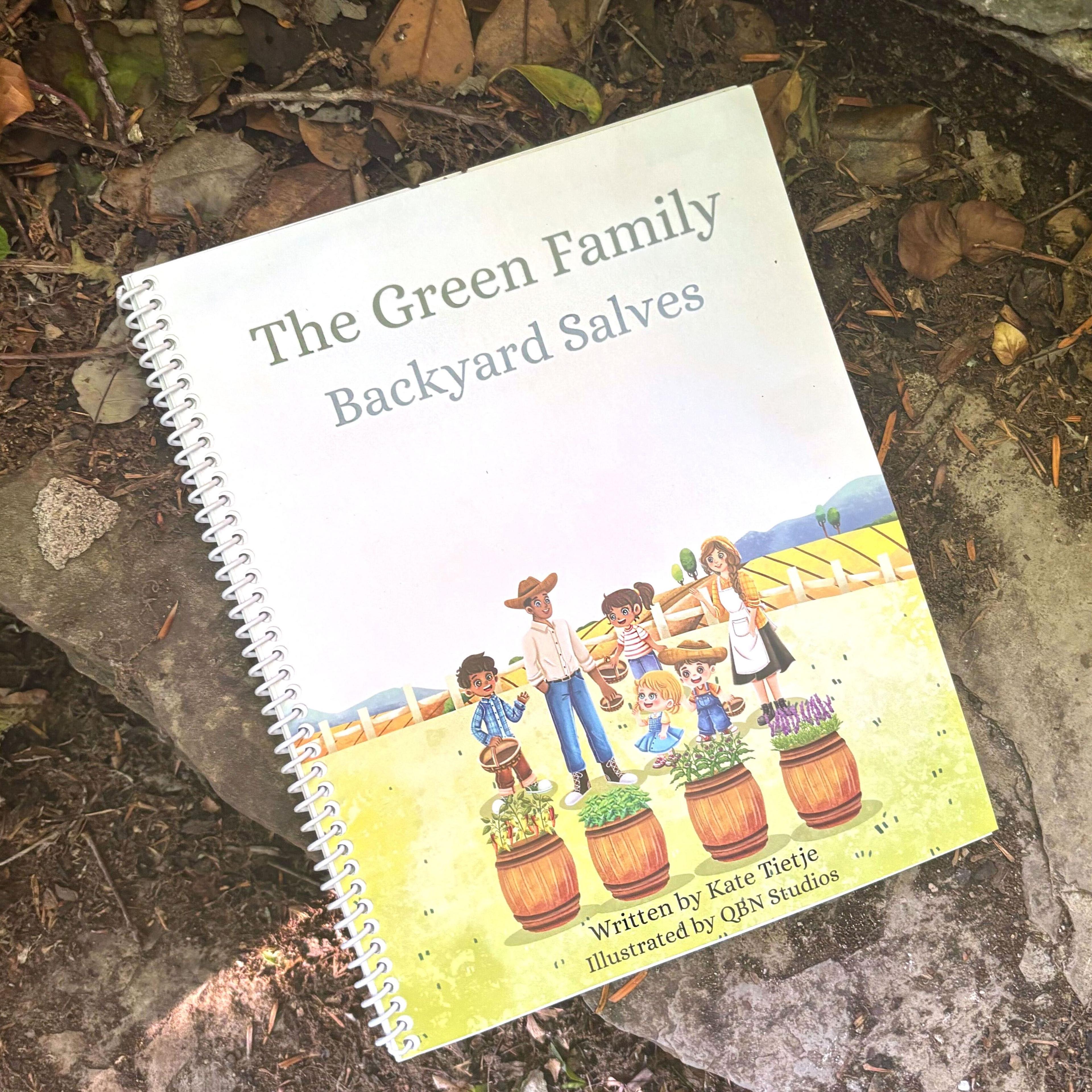 The Green Family Backyard Salves childrens book cover showing illustrated diverse family with barrels of herbs in farm setting written by Kate Tietje illustrated by QBN Studios