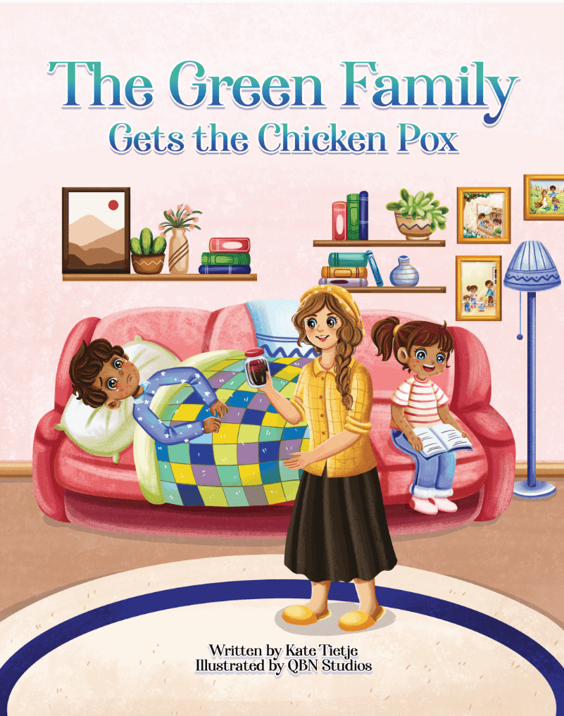 Children's book cover showing mother caring for two kids with chicken pox on red couch in cozy living room