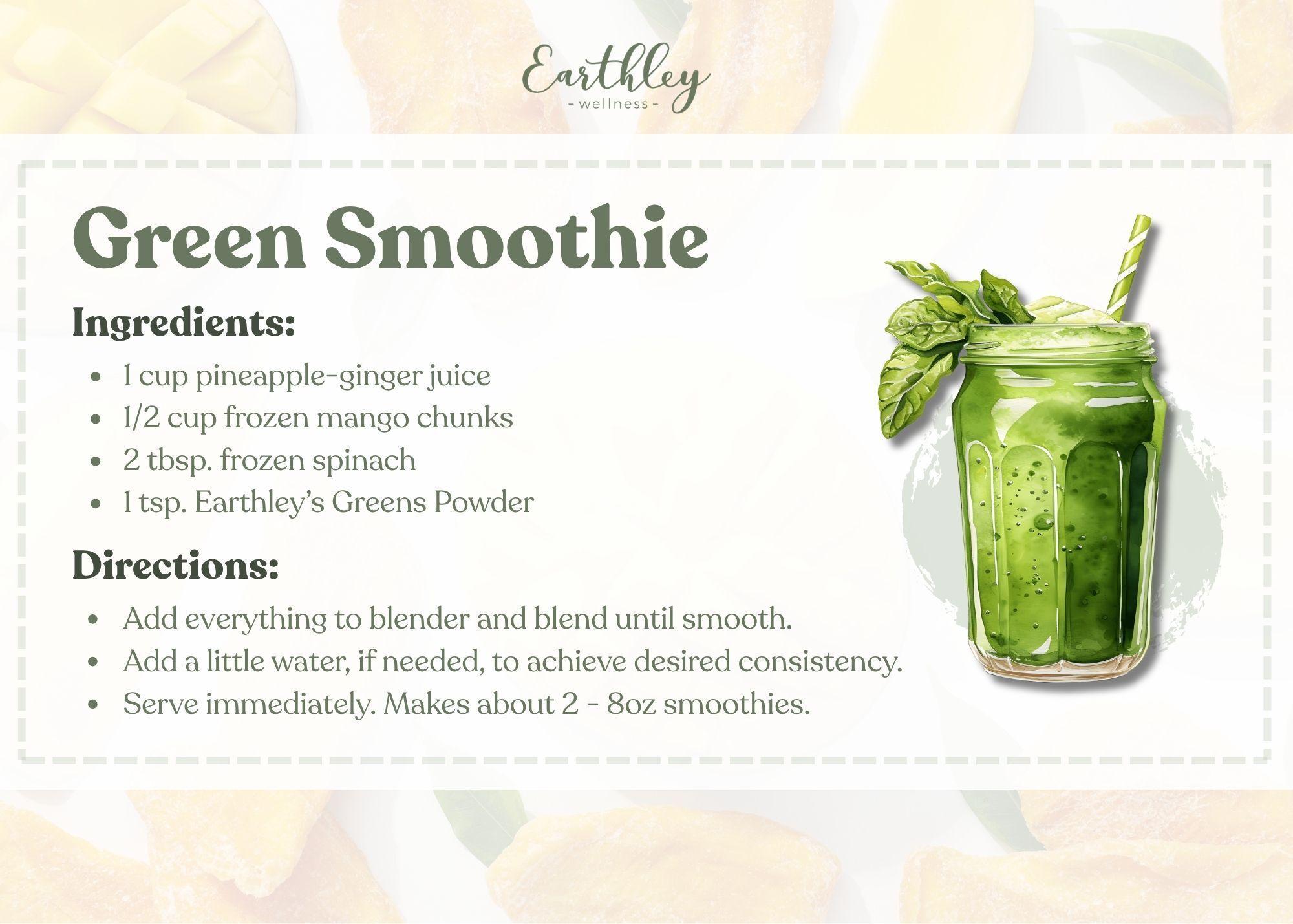 Green smoothie recipe card featuring mason jar with green smoothie, mint garnish, and striped straw alongside ingredient list