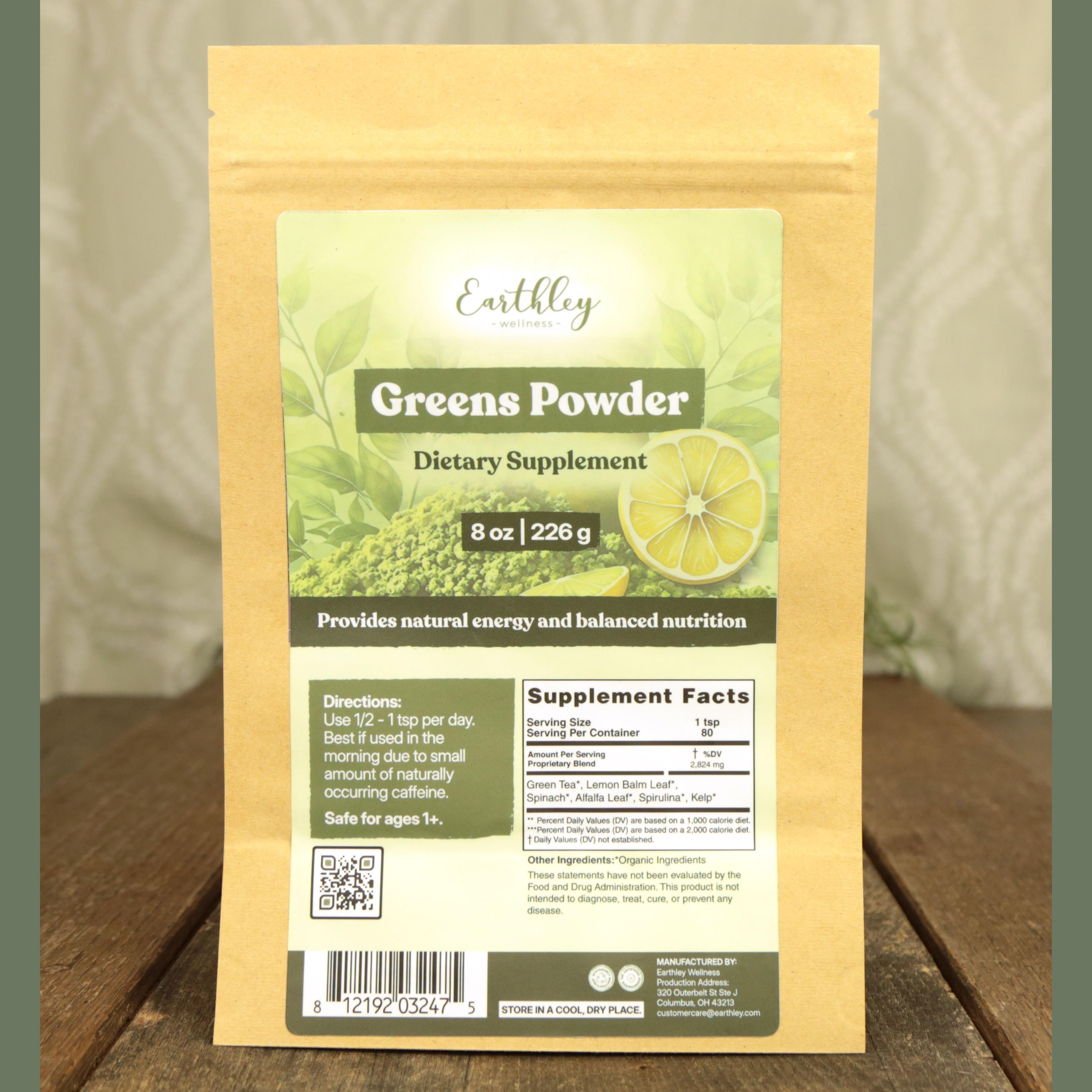 Earthley Greens Powder 8 oz in kraft paper pouch showing supplement facts, directions for ages 1 and up, and ingredients including green tea, lemon balm, spinach, alfalfa, spirulina, and kelp