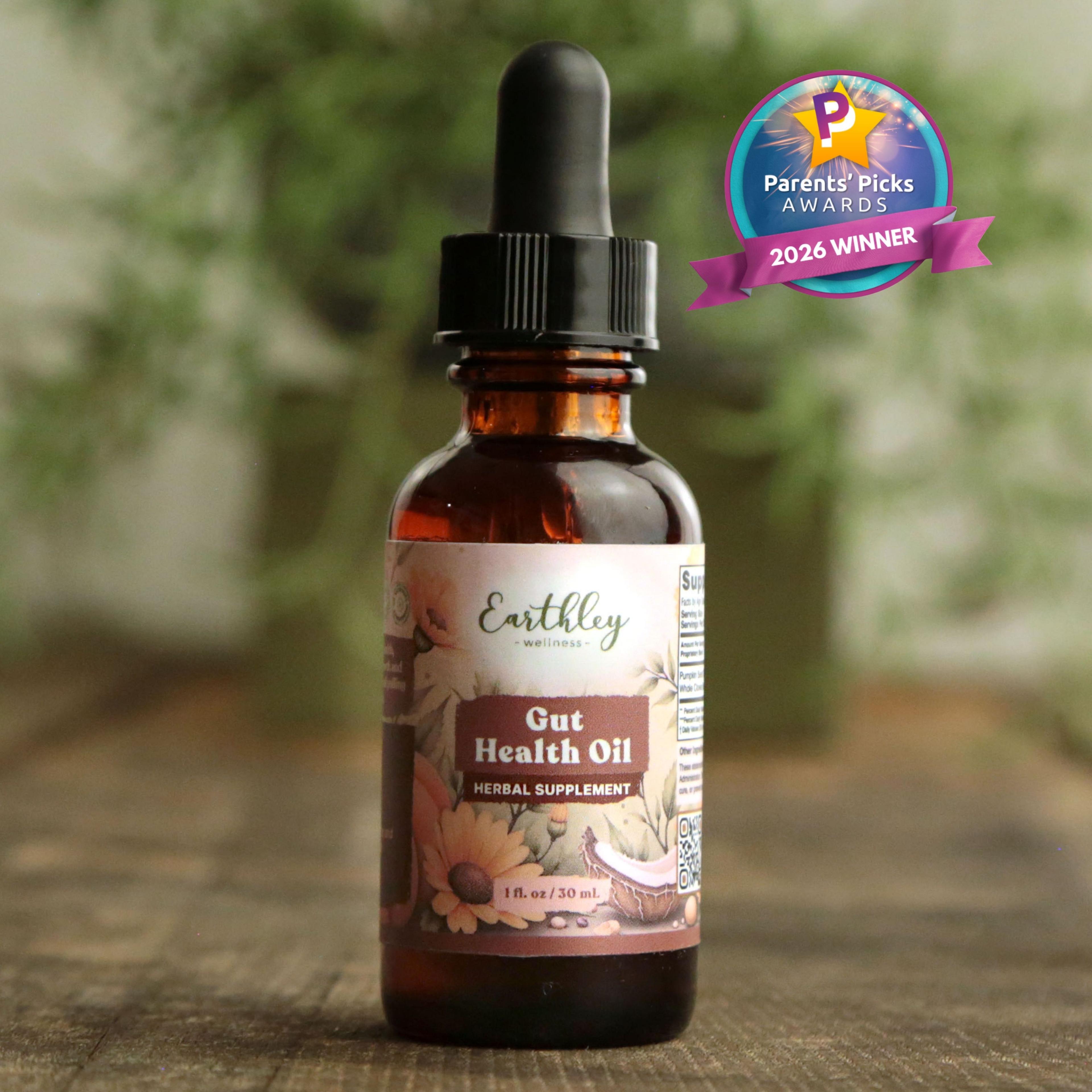 Earthley Wellness Gut Health Oil herbal supplement bottle with dropper, featuring Parents' Picks Awards 2026 Winner badge