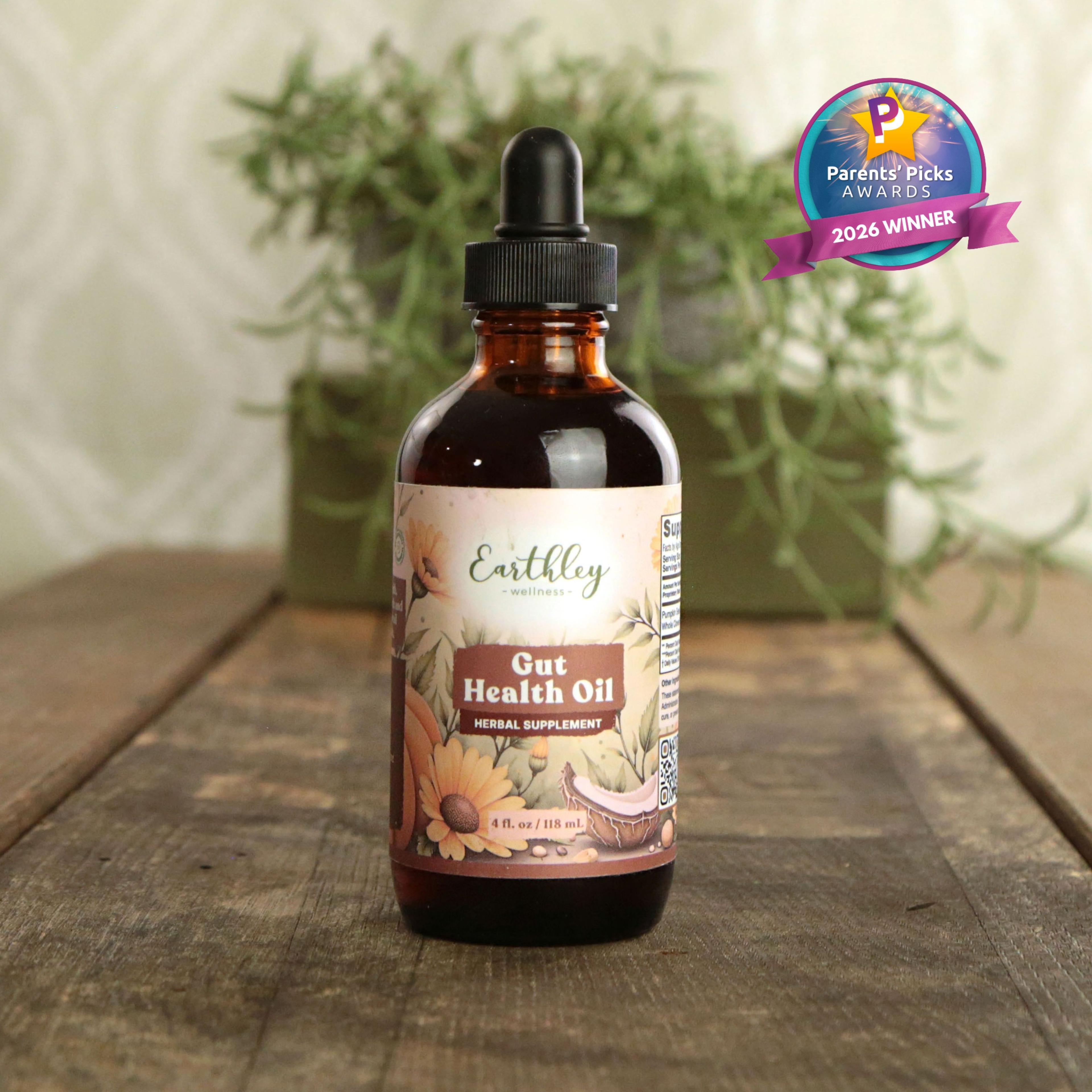 Earthley Wellness Gut Health Oil herbal supplement, 4 oz amber dropper bottle, Parents' Picks 2026 Winner badge
