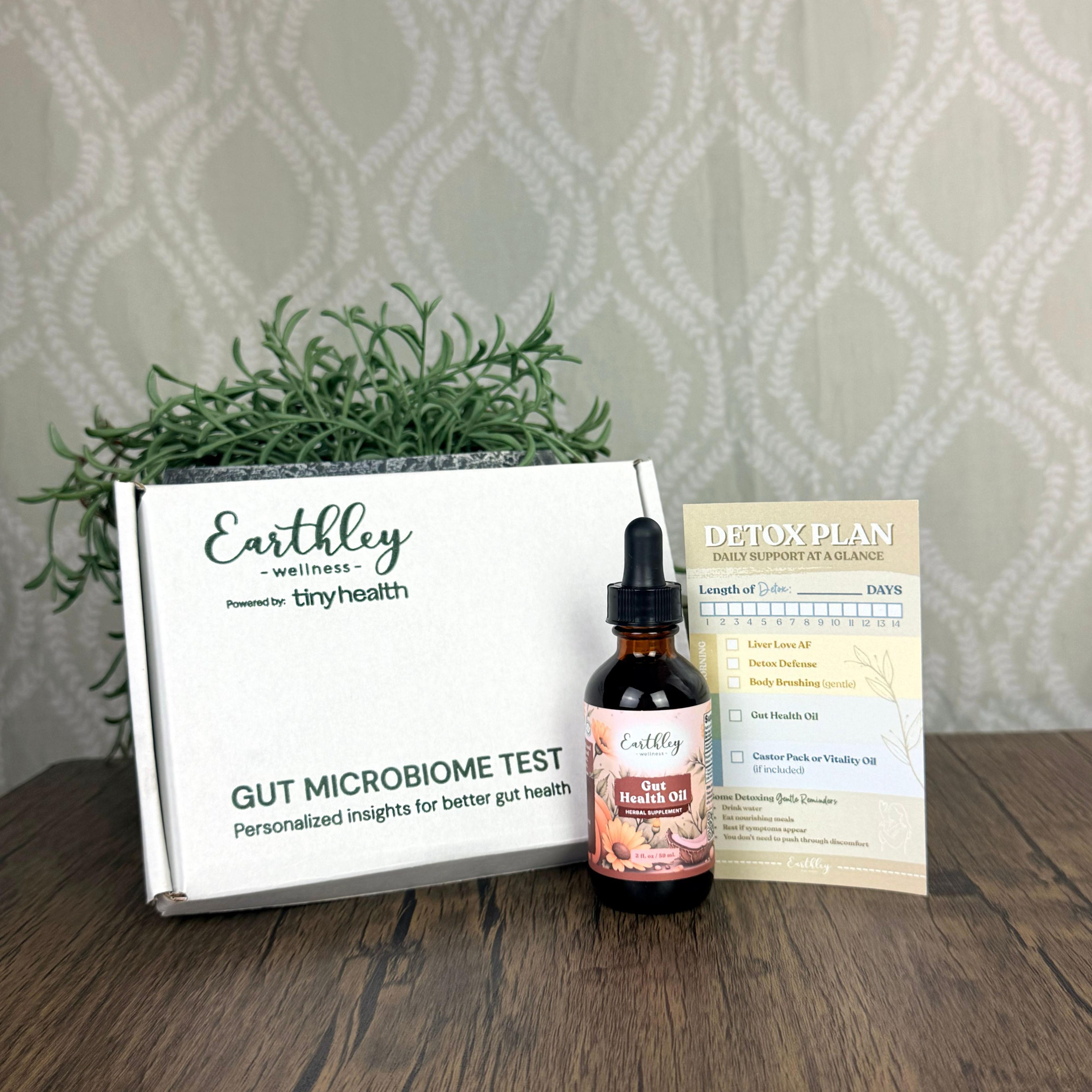 Earthley Wellness Gut Microbiome Test kit with Gut Health Oil tincture and Detox Plan card