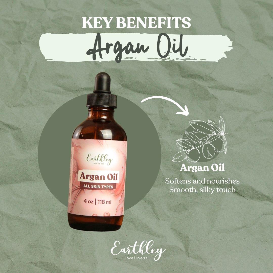 Earthley Argan Oil bottle with dropper on sage green background, featuring key benefits text and argan branch illustration